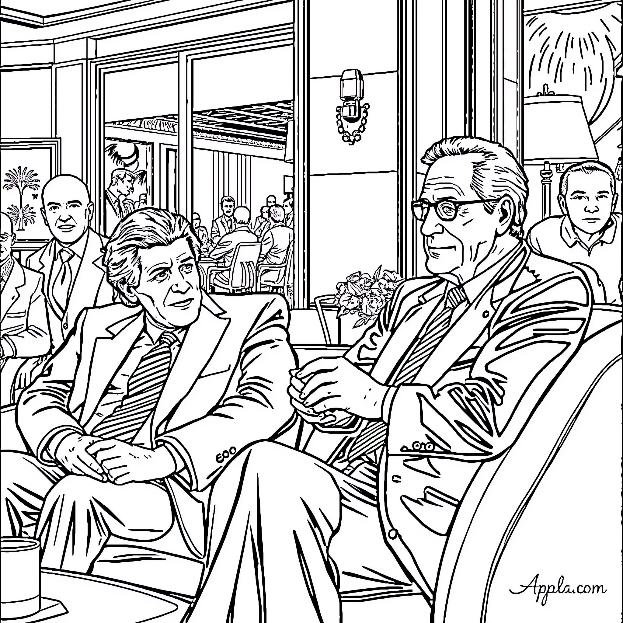 Bill Clinton Attending Formal Gathering with Colleagues Coloring Page (free black-and-white line drawing printable PDF for all, from beginners to advanced learners, including children, teens, adults, and seniors)