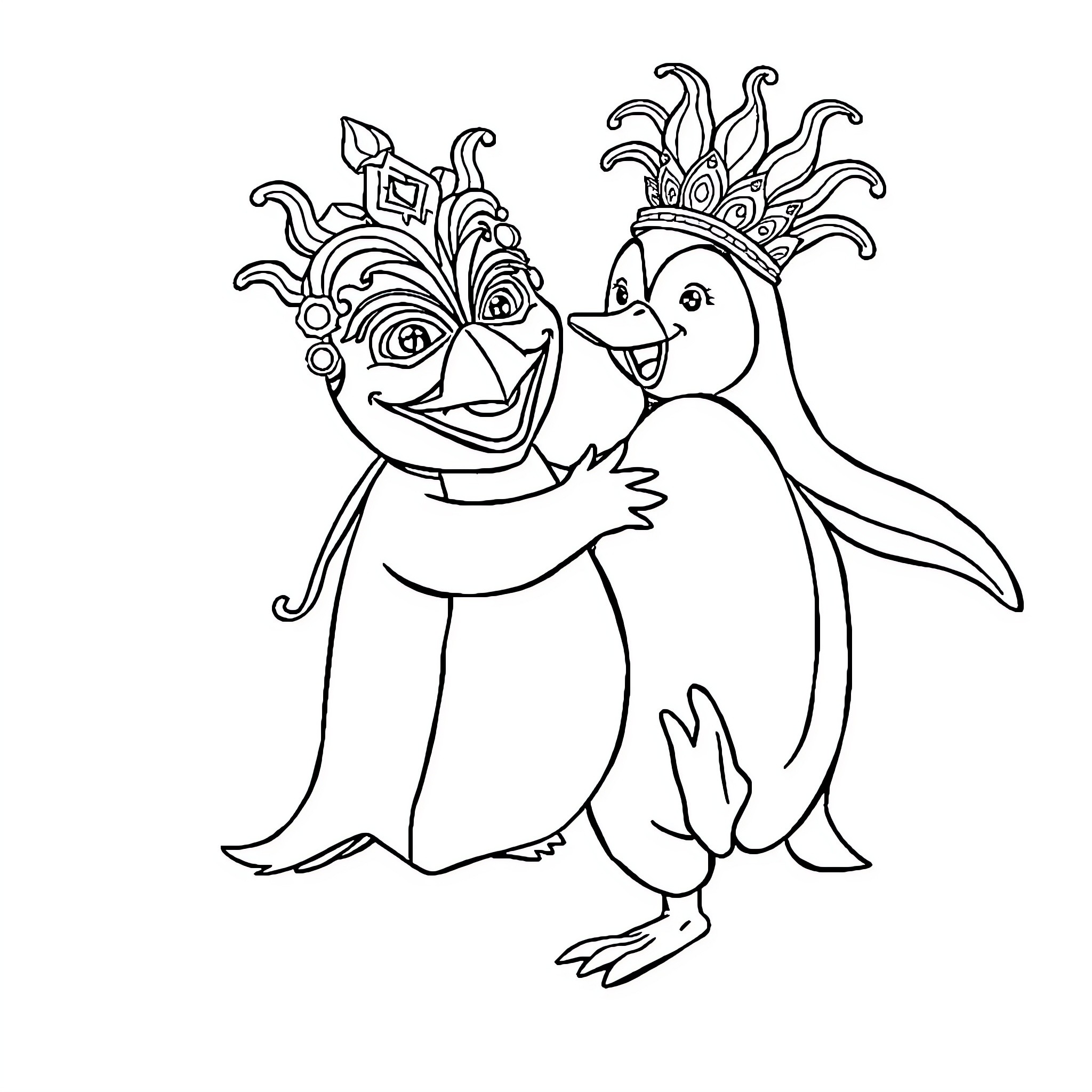 Mask-wearing creatures in playful dance Coloring Page (free black-and-white line drawing printable PDF for all, from beginners to advanced learners, including children, teens, adults, and seniors)