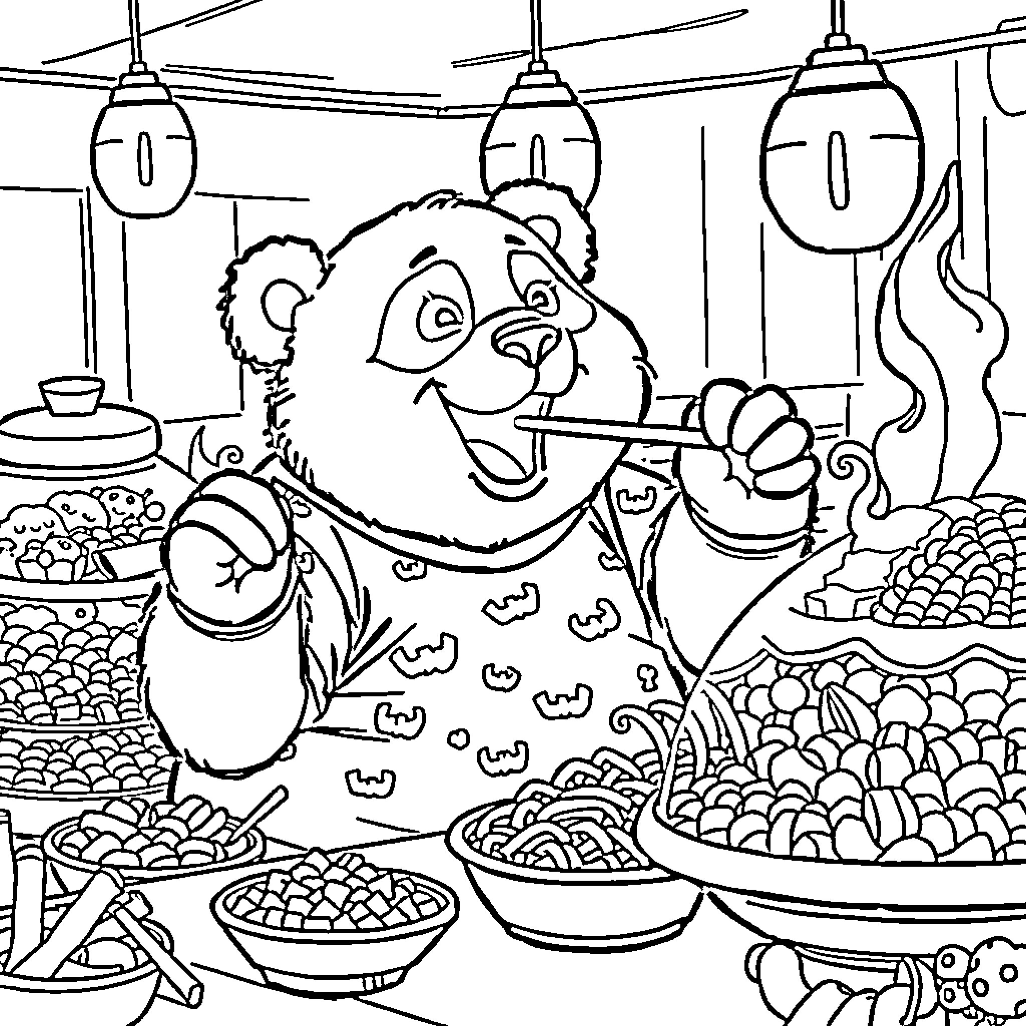 Panda enjoying a festive meal in a lively market Coloring Page (free black-and-white line drawing printable PDF for all, from beginners to advanced learners, including children, teens, adults, and seniors)