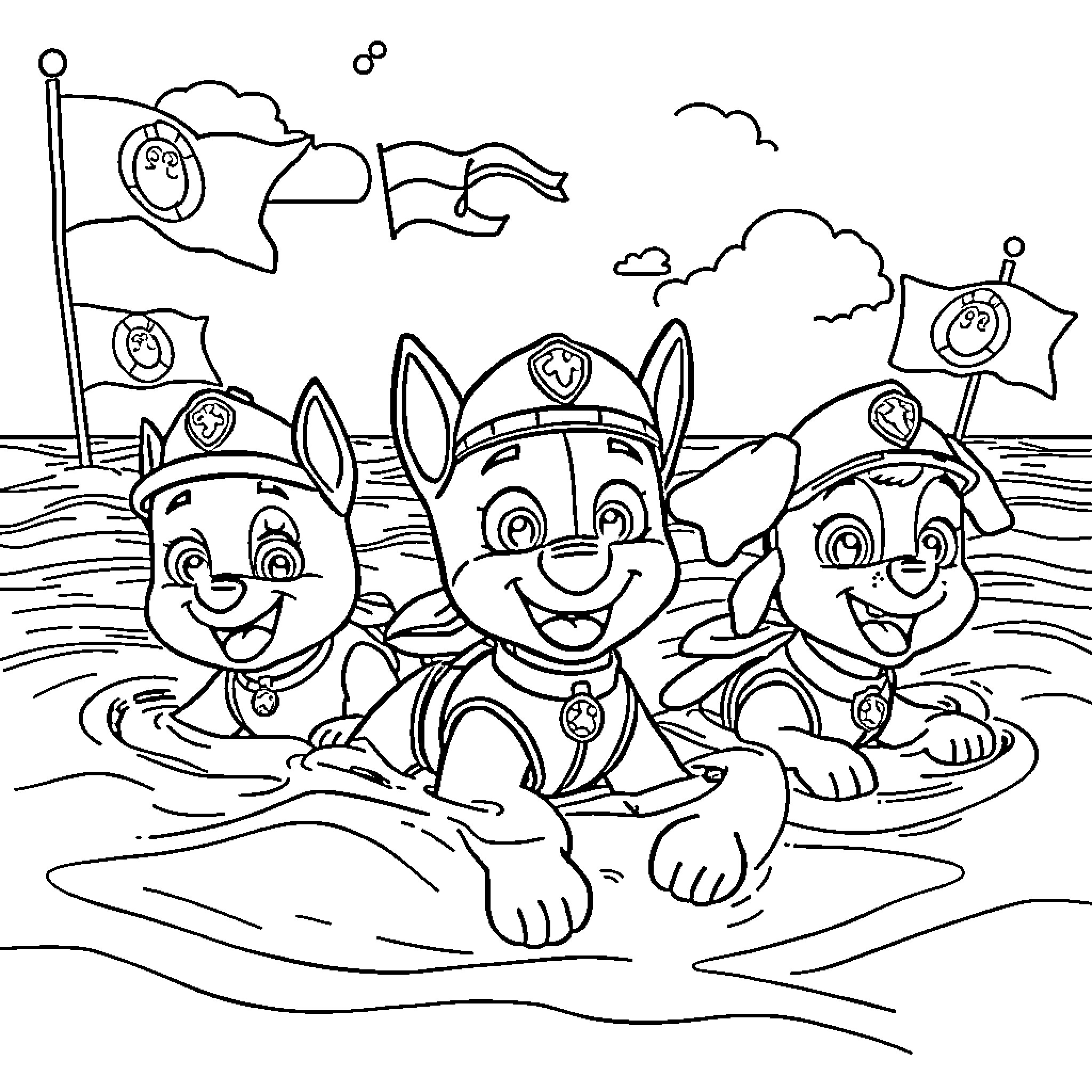 Paw Patrol Puppies Swimming and Having Fun Coloring Page (free black-and-white line drawing printable PDF for all, from beginners to advanced learners, including children, teens, adults, and seniors)