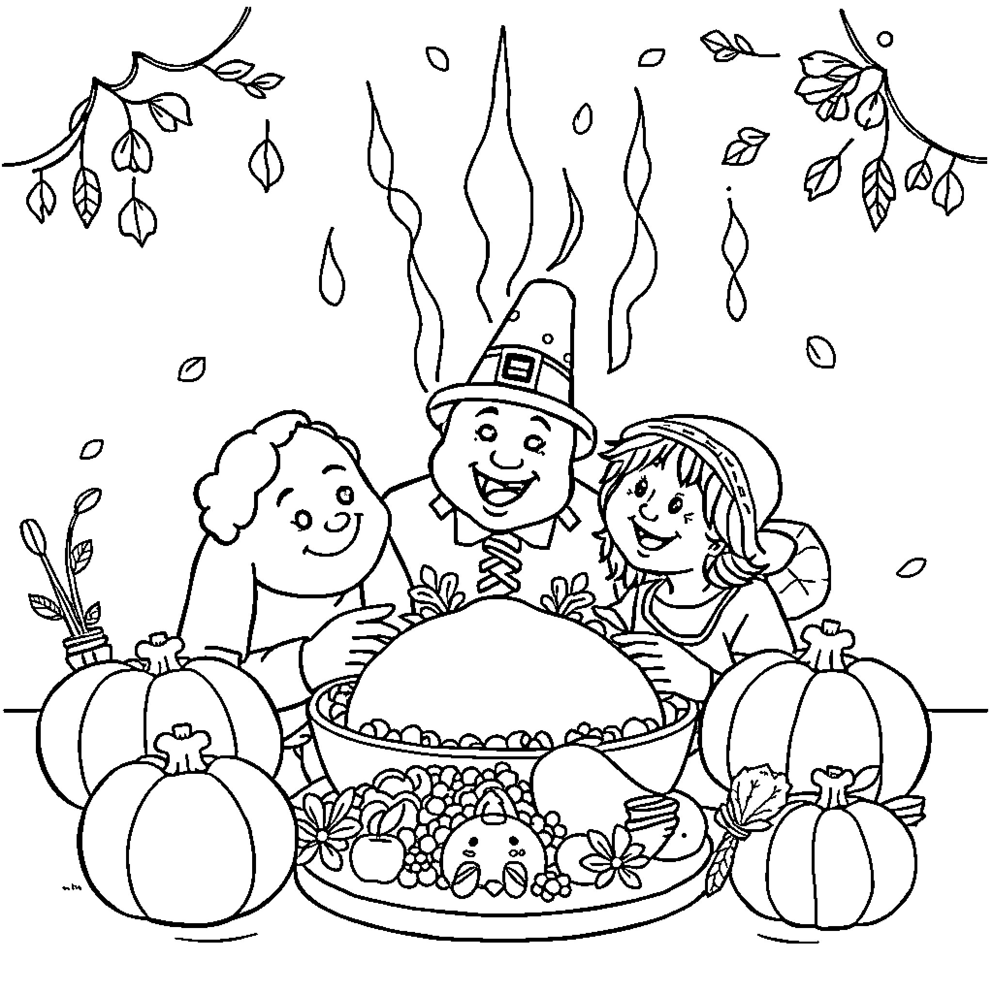 Thanksgiving family feast with festive decorations Coloring Page (free black-and-white line drawing printable PDF for all, from beginners to advanced learners, including children, teens, adults, and seniors)
