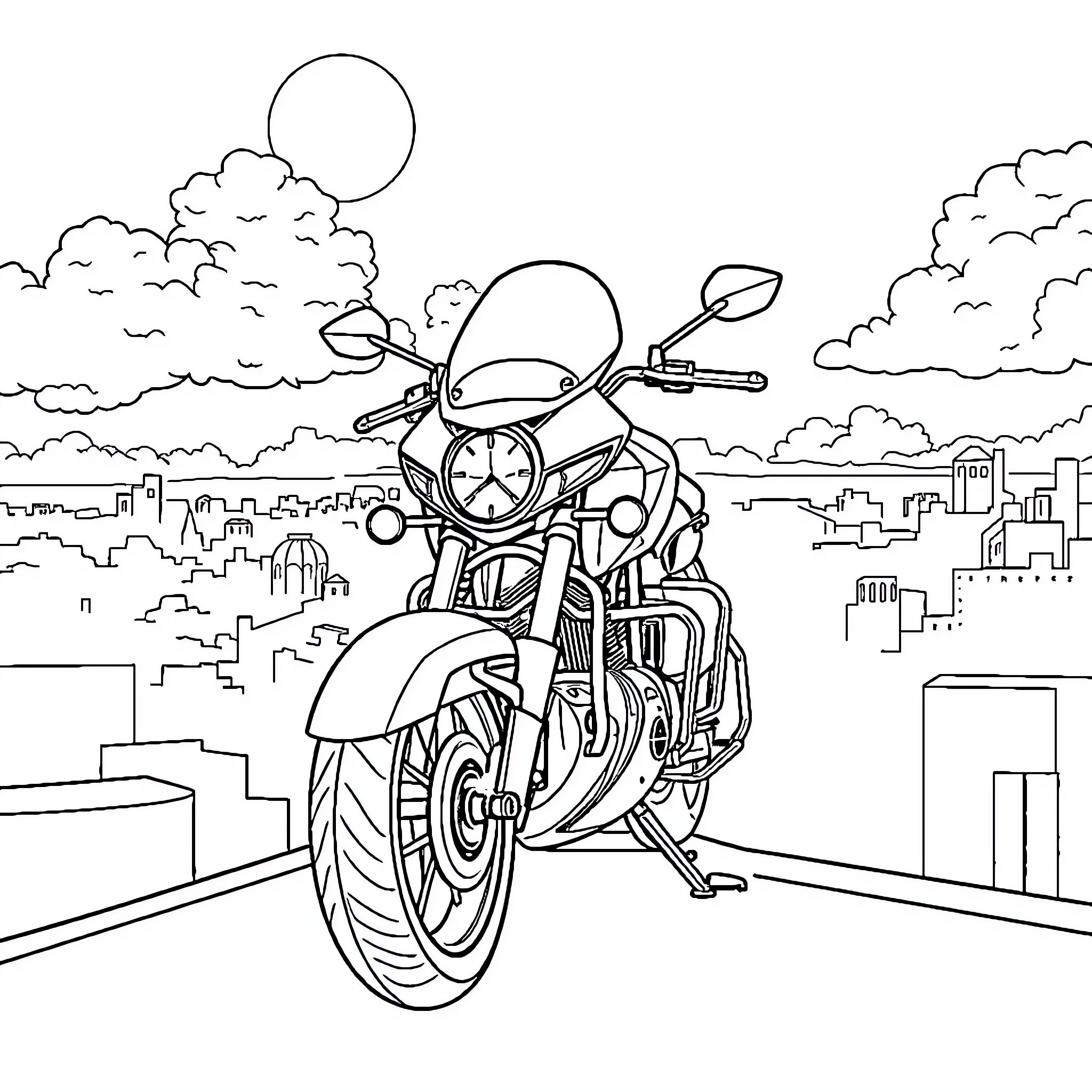 Moto driving through the city skyline Coloring Page (free black-and-white line drawing printable PDF for all, from beginners to advanced learners, including children, teens, adults, and seniors)