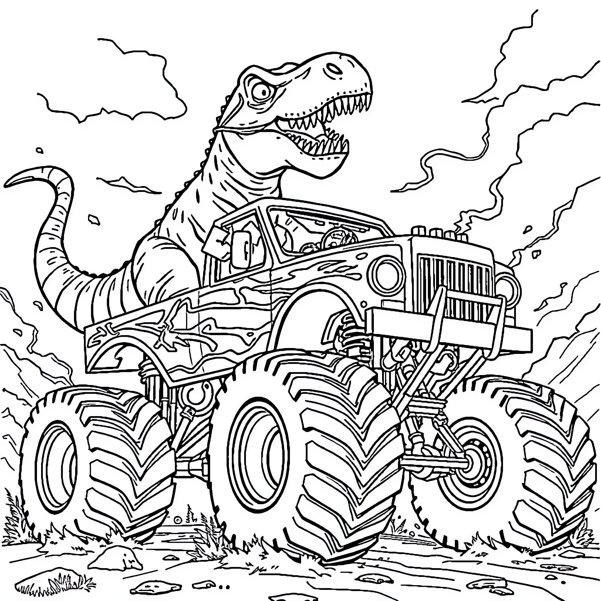 Dinosaur Riding Mighty Monster Truck on Rugged Terrain Coloring Page (free black-and-white line drawing printable PDF for all, from beginners to advanced learners, including children, teens, adults, and seniors)