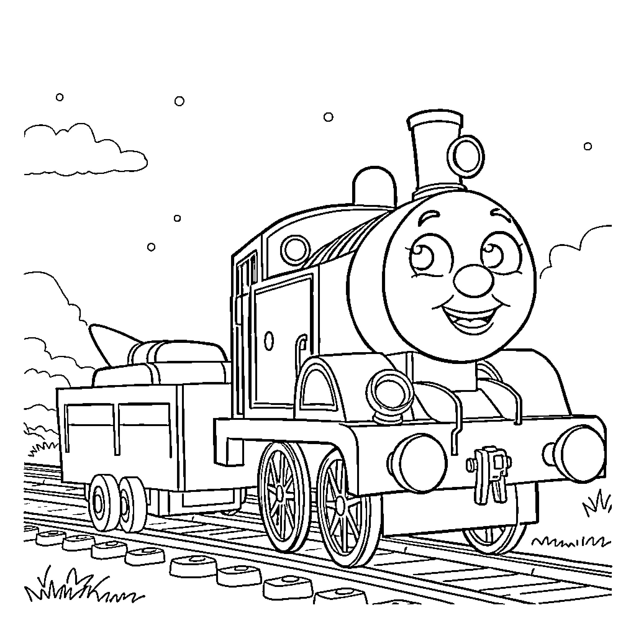 Kana's Cheerful Train Adventure Coloring Page (free black-and-white line drawing printable PDF for all, from beginners to advanced learners, including children, teens, adults, and seniors)