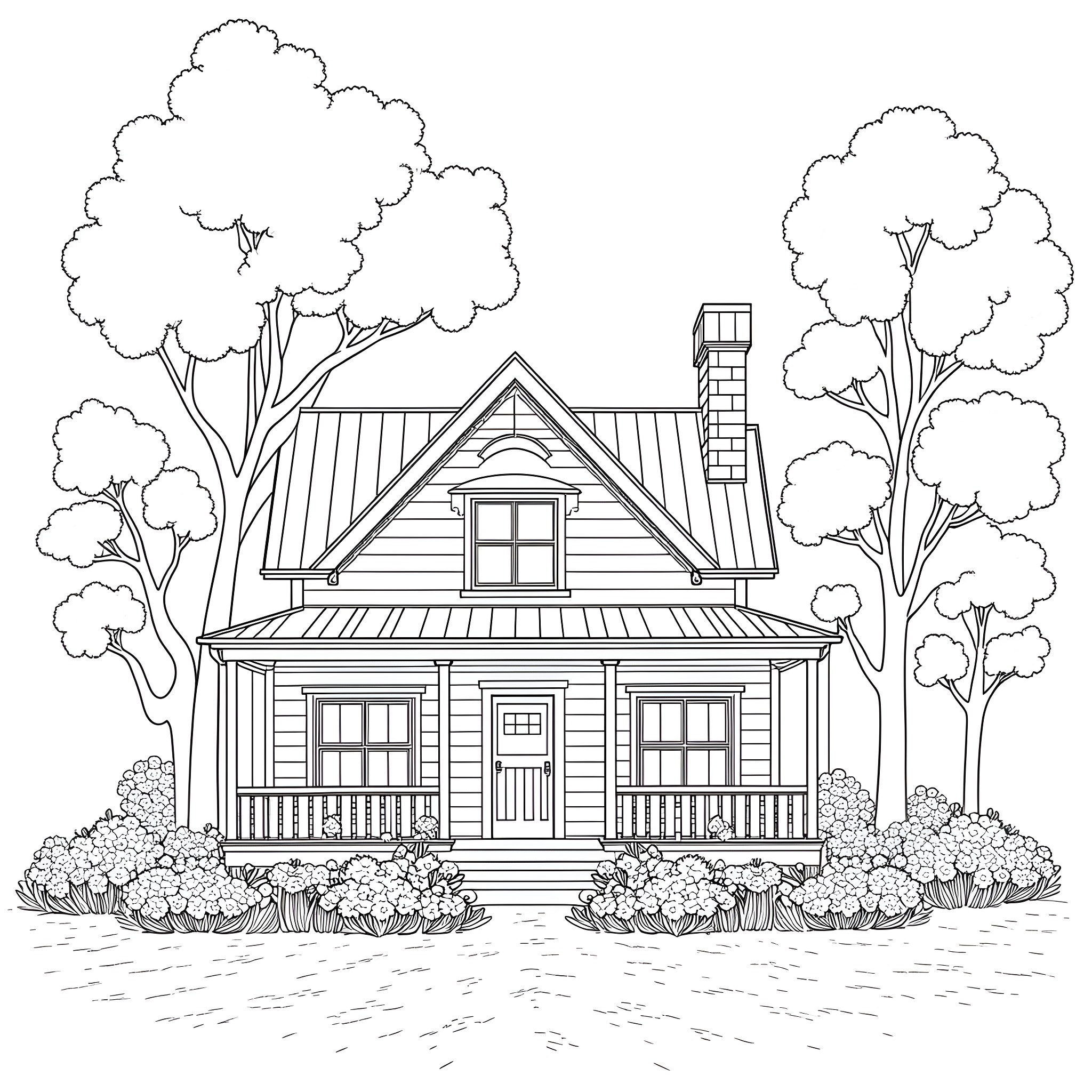 House with porch in natural setting Coloring Page (free black-and-white line drawing printable PDF for all, from beginners to advanced learners, including children, teens, adults, and seniors)