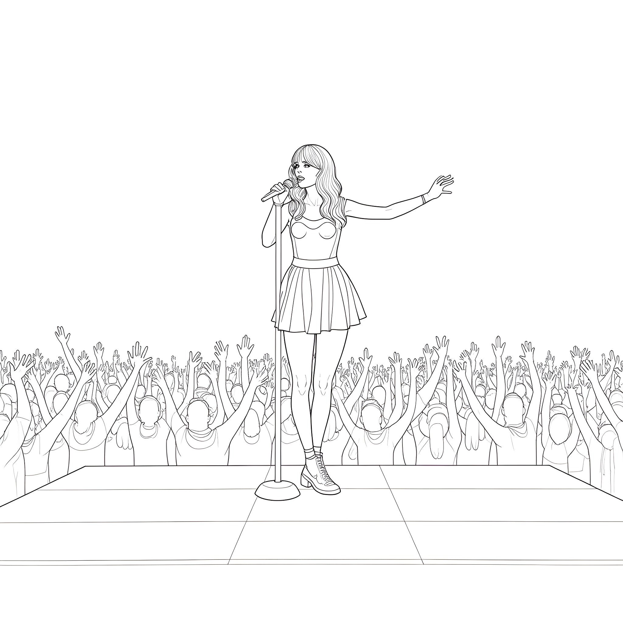 Taylor Swift performing on stage for adoring crowd Coloring Page (free black-and-white line drawing printable PDF for all, from beginners to advanced learners, including children, teens, adults, and seniors)
