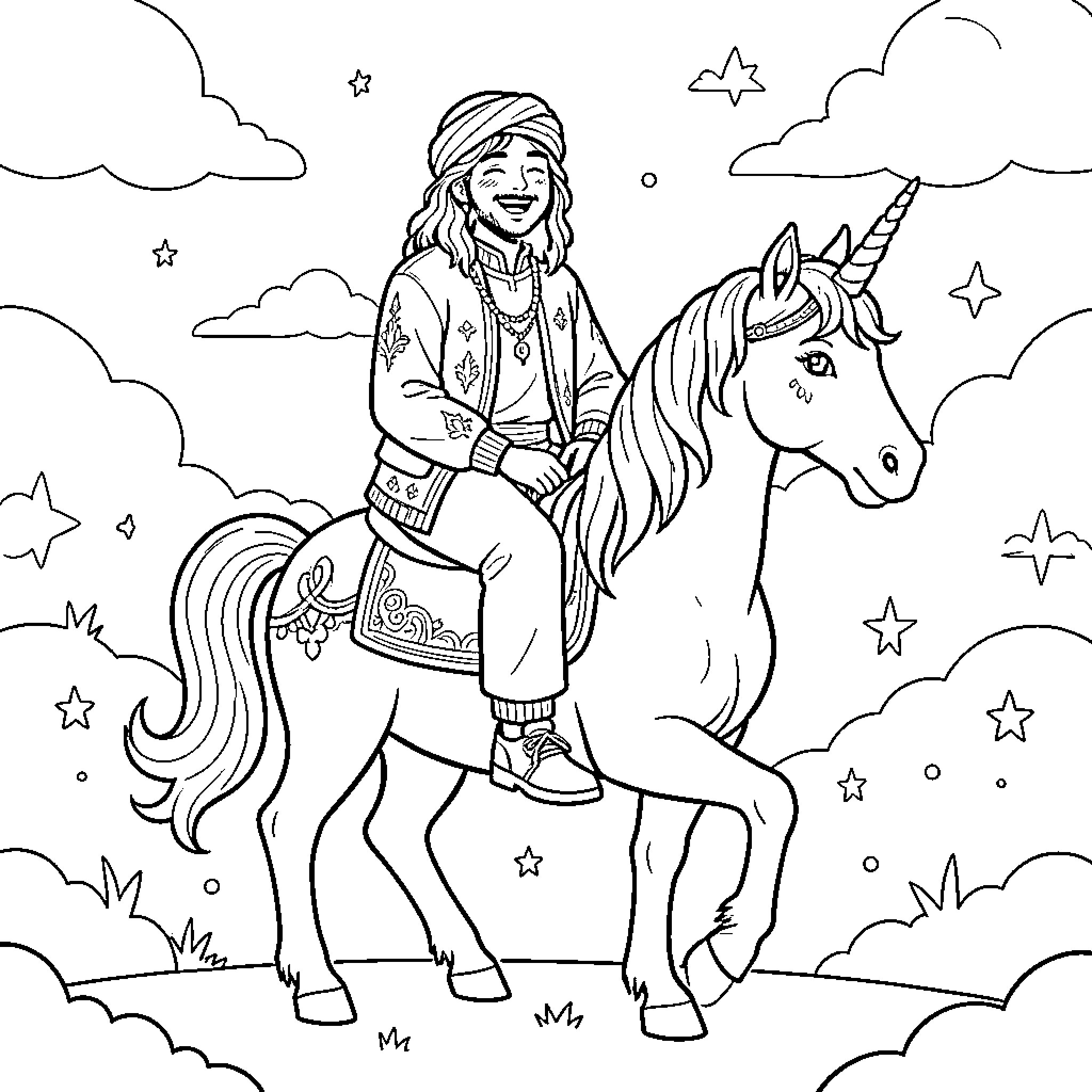 Rumi riding a unicorn through a starry sky Coloring Page (free black-and-white line drawing printable PDF for all, from beginners to advanced learners, including children, teens, adults, and seniors)
