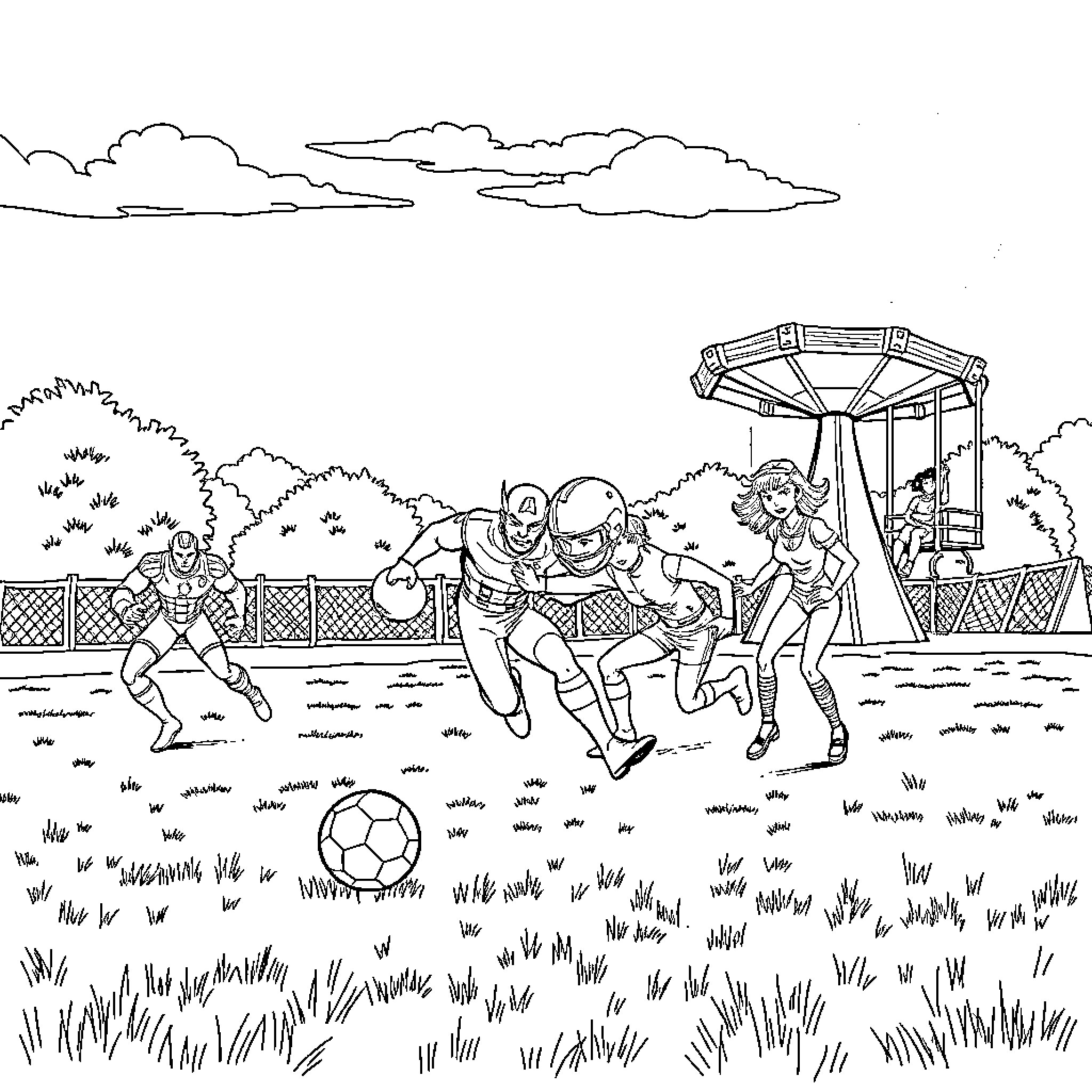 Avengers battle on the soccer field Coloring Page (free black-and-white line drawing printable PDF for all, from beginners to advanced learners, including children, teens, adults, and seniors)