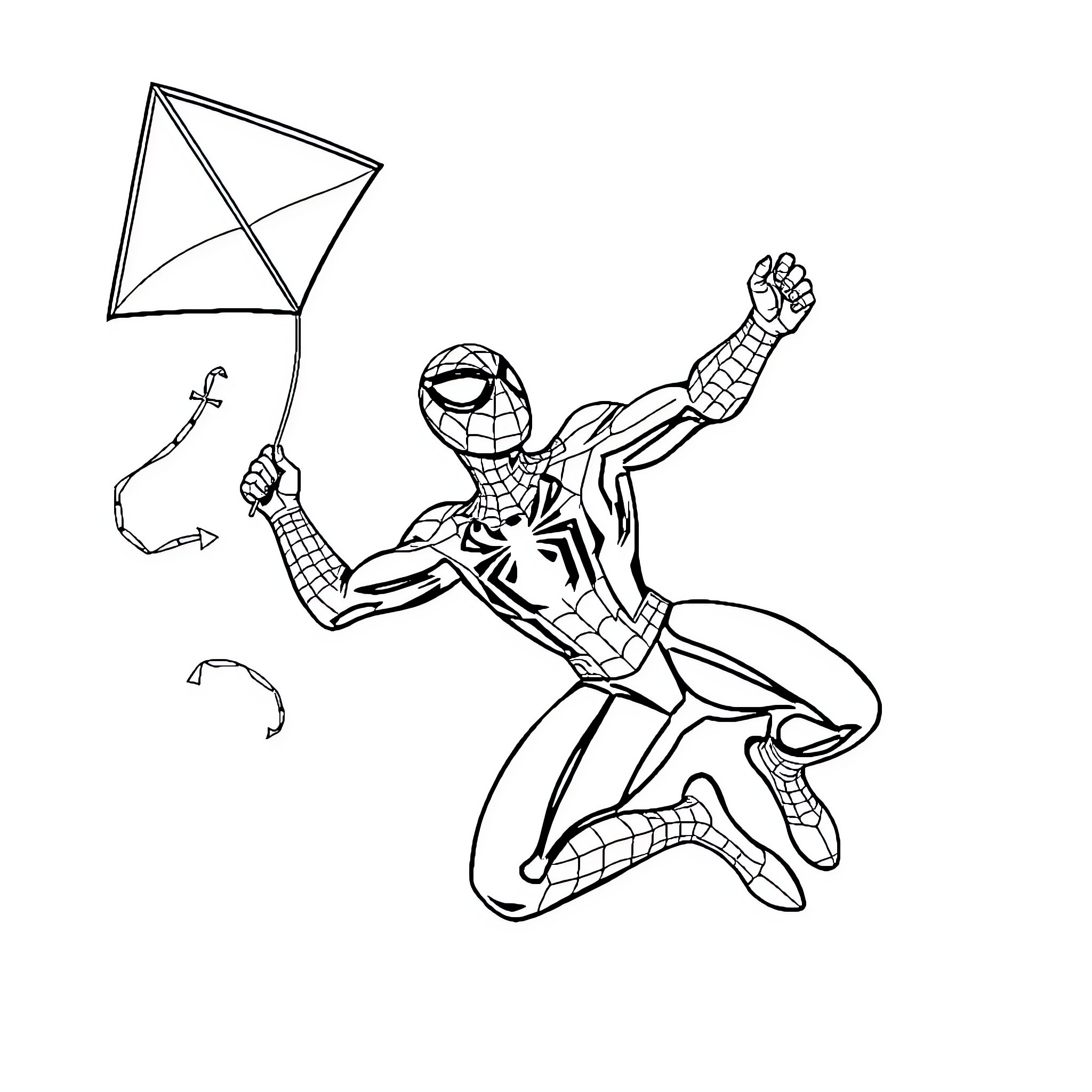 Spiderman swinging and flying a kite Coloring Page (free black-and-white line drawing printable PDF for all, from beginners to advanced learners, including children, teens, adults, and seniors)