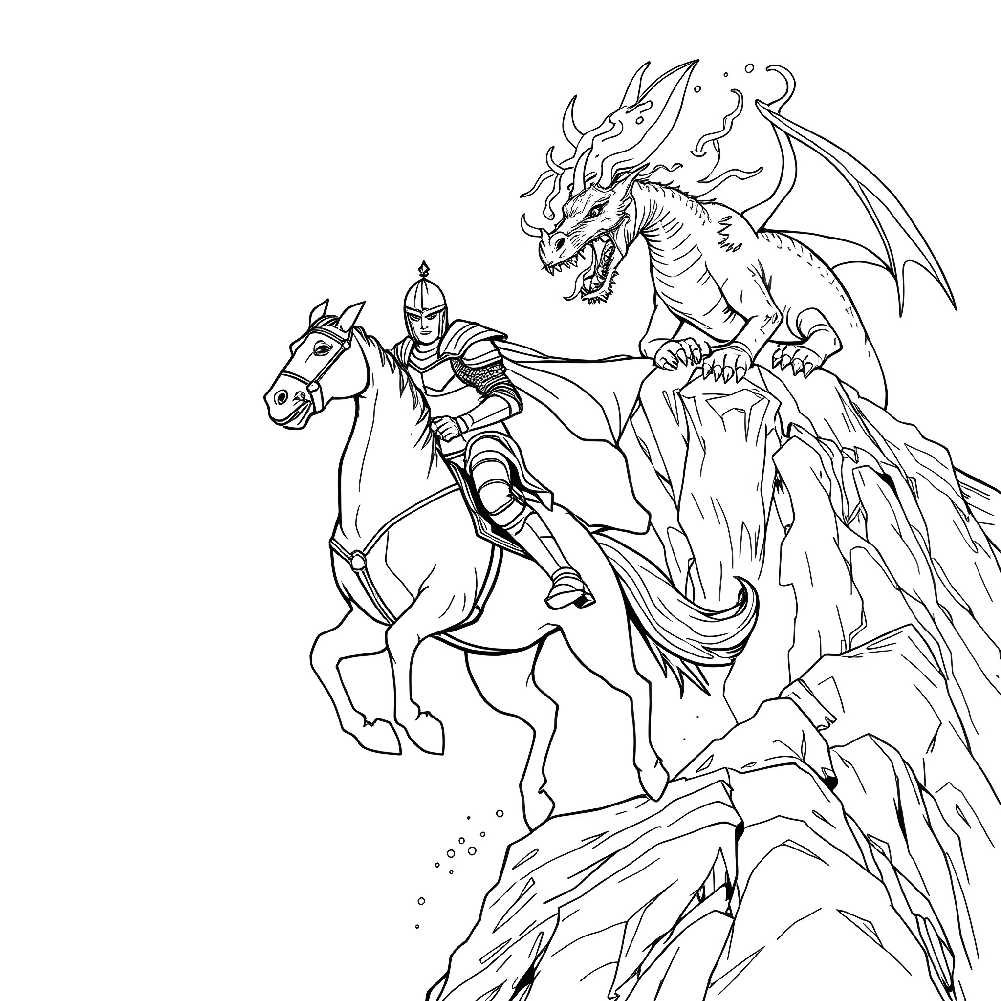 Knight on Horseback Battling Mighty Dragon Coloring Page (free black-and-white line drawing printable PDF for all, from beginners to advanced learners, including children, teens, adults, and seniors)