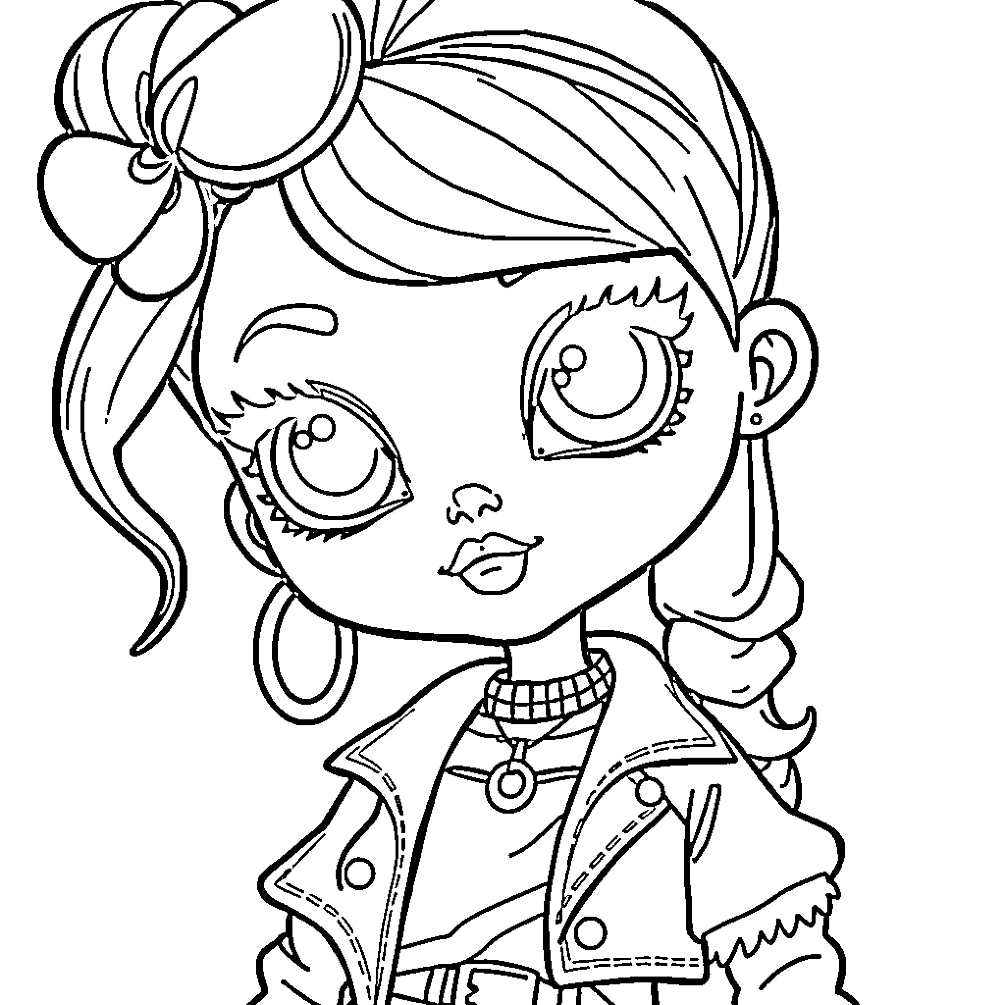 Bratz Doll with stylish outfit and exaggerated features Coloring Page (free black-and-white line drawing printable PDF for all, from beginners to advanced learners, including children, teens, adults, and seniors)