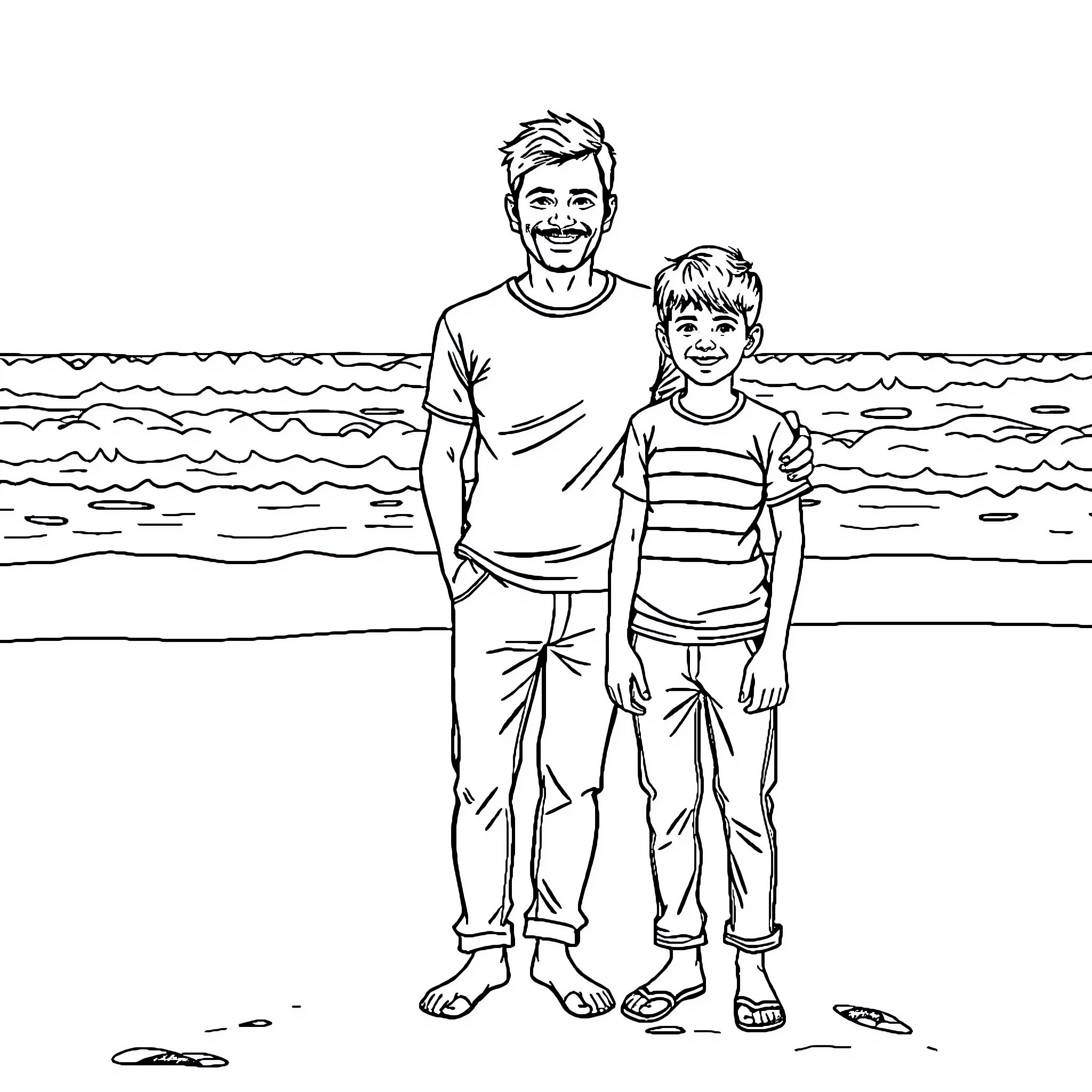Family enjoying a day at the beach Coloring Page (free black-and-white line drawing printable PDF for all, from beginners to advanced learners, including children, teens, adults, and seniors)