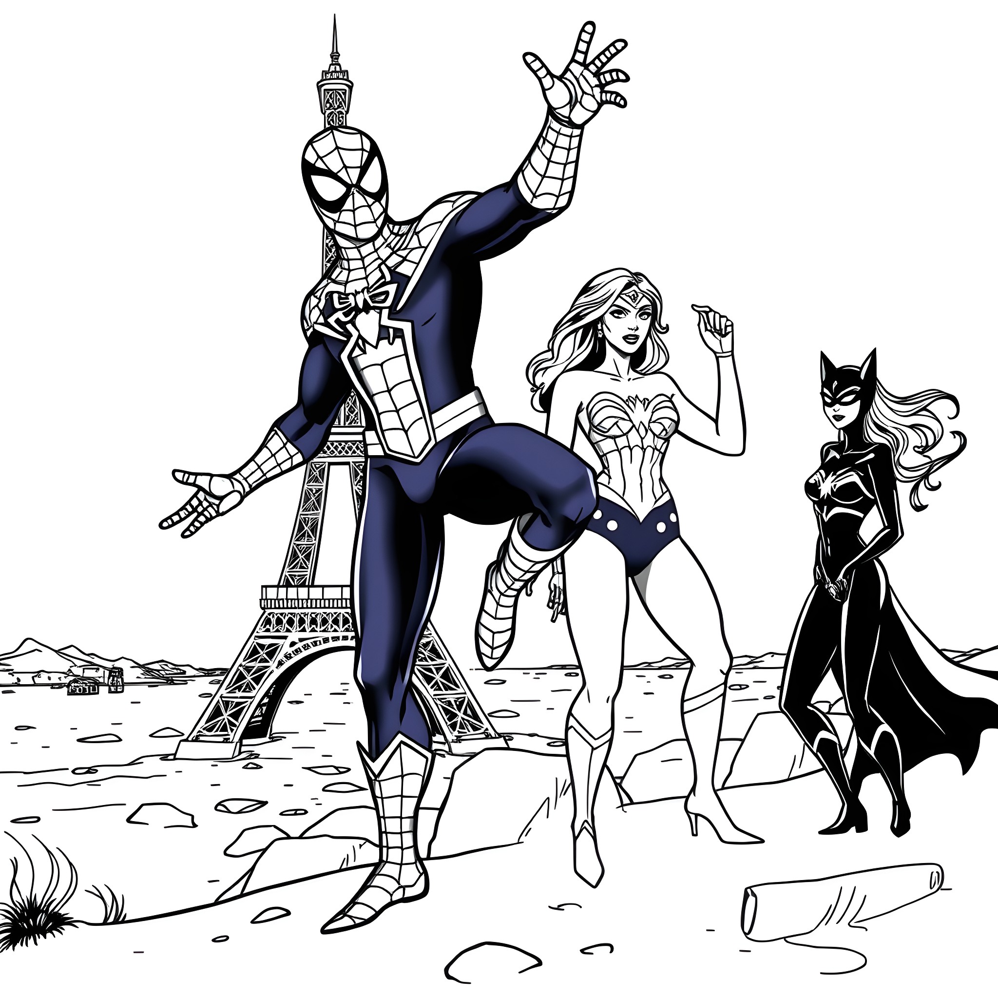 Spider-Man's heroic pose with Wonder Woman and Catwoman Coloring Page (free black-and-white line drawing printable PDF for all, from beginners to advanced learners, including children, teens, adults, and seniors)