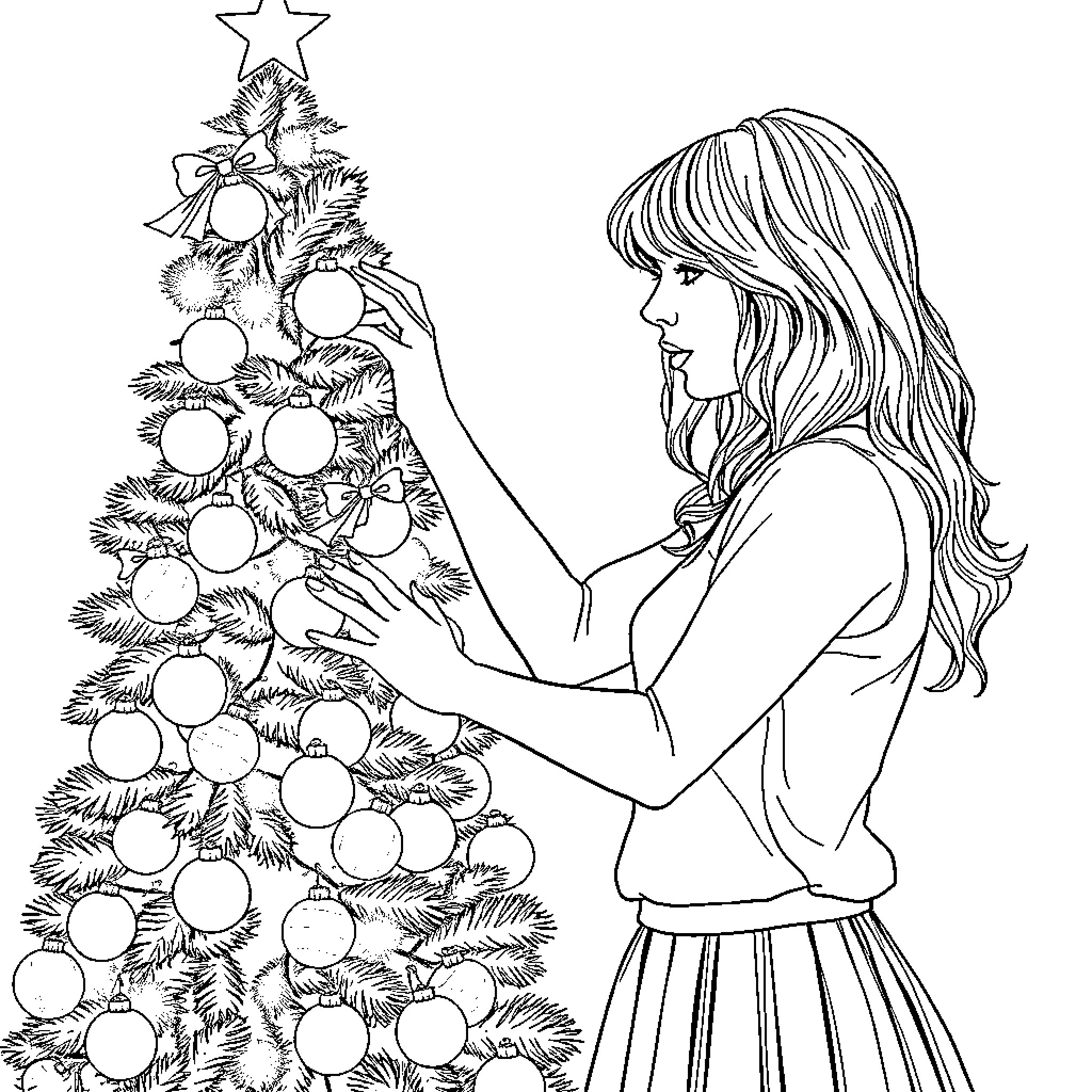 Taylor Swift decorating a festive Christmas tree Coloring Page (free black-and-white line drawing printable PDF for all, from beginners to advanced learners, including children, teens, adults, and seniors)