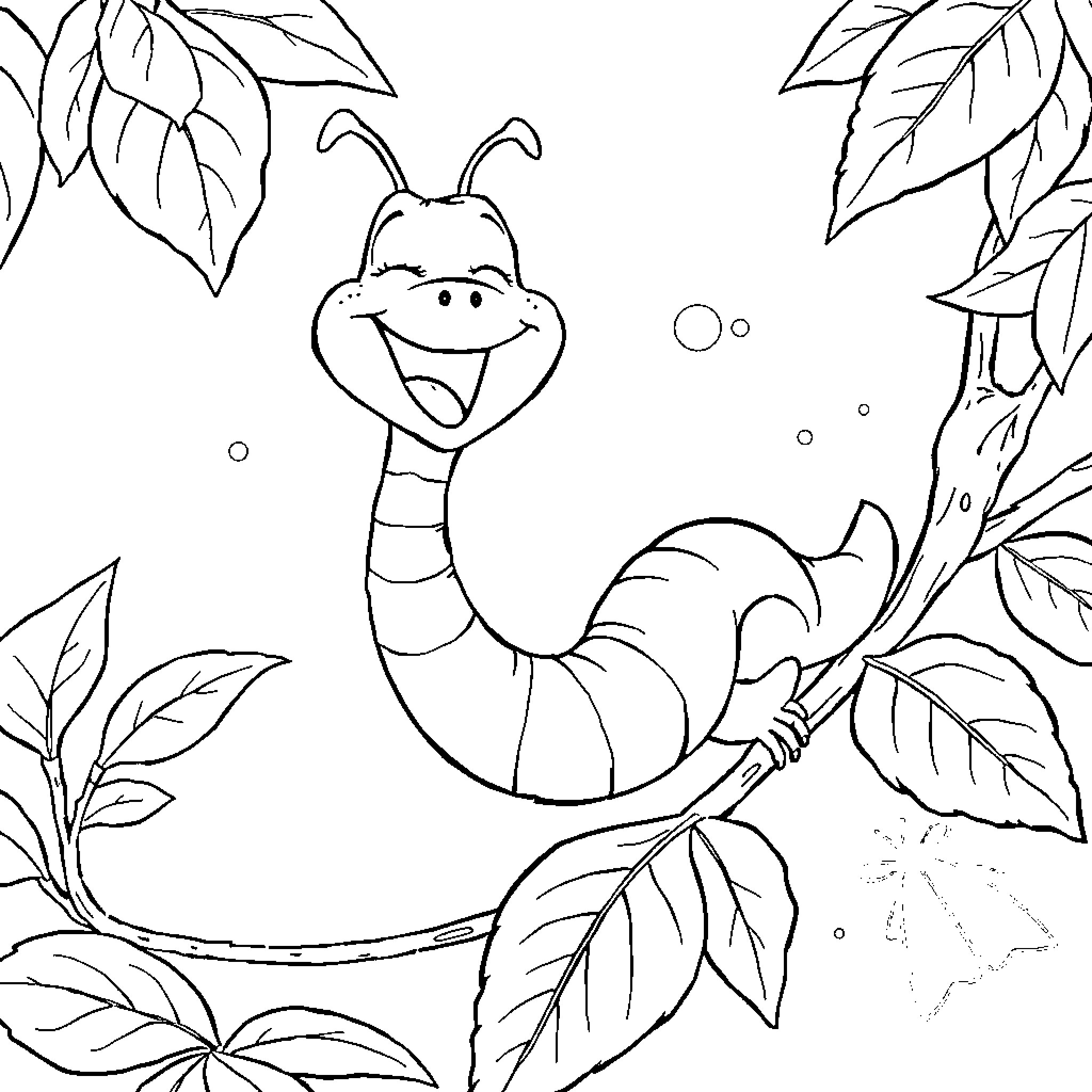 Worm enjoying the lush foliage Coloring Page (free black-and-white line drawing printable PDF for all, from beginners to advanced learners, including children, teens, adults, and seniors)