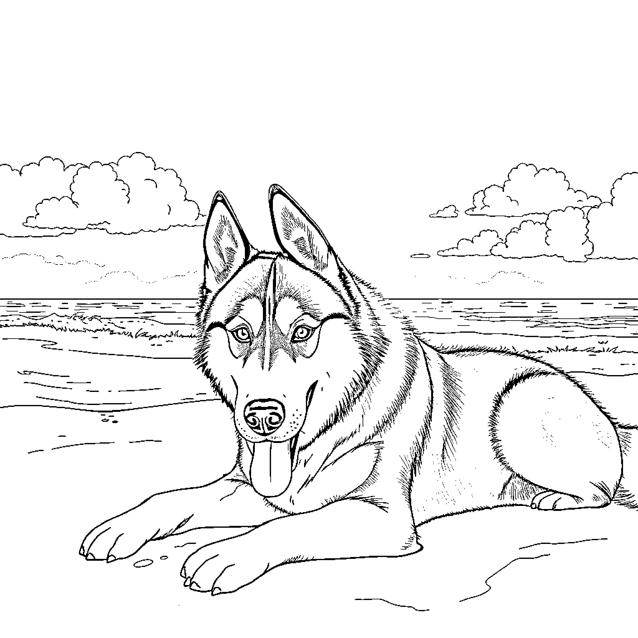 Husky resting peacefully on the beach Coloring Page (free black-and-white line drawing printable PDF for all, from beginners to advanced learners, including children, teens, adults, and seniors)
