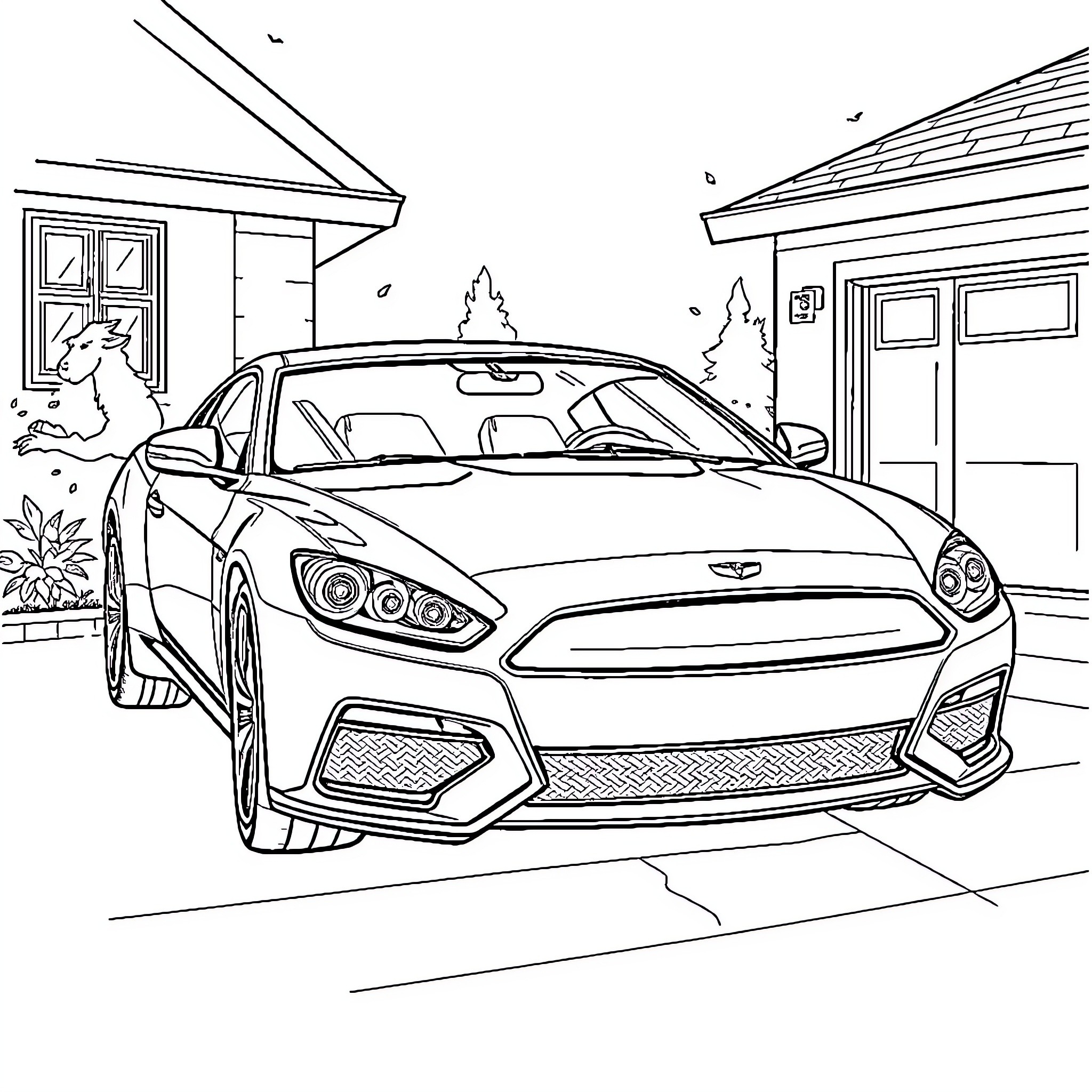 Car parked in front of a residential building Coloring Page (free black-and-white line drawing printable PDF for all, from beginners to advanced learners, including children, teens, adults, and seniors)