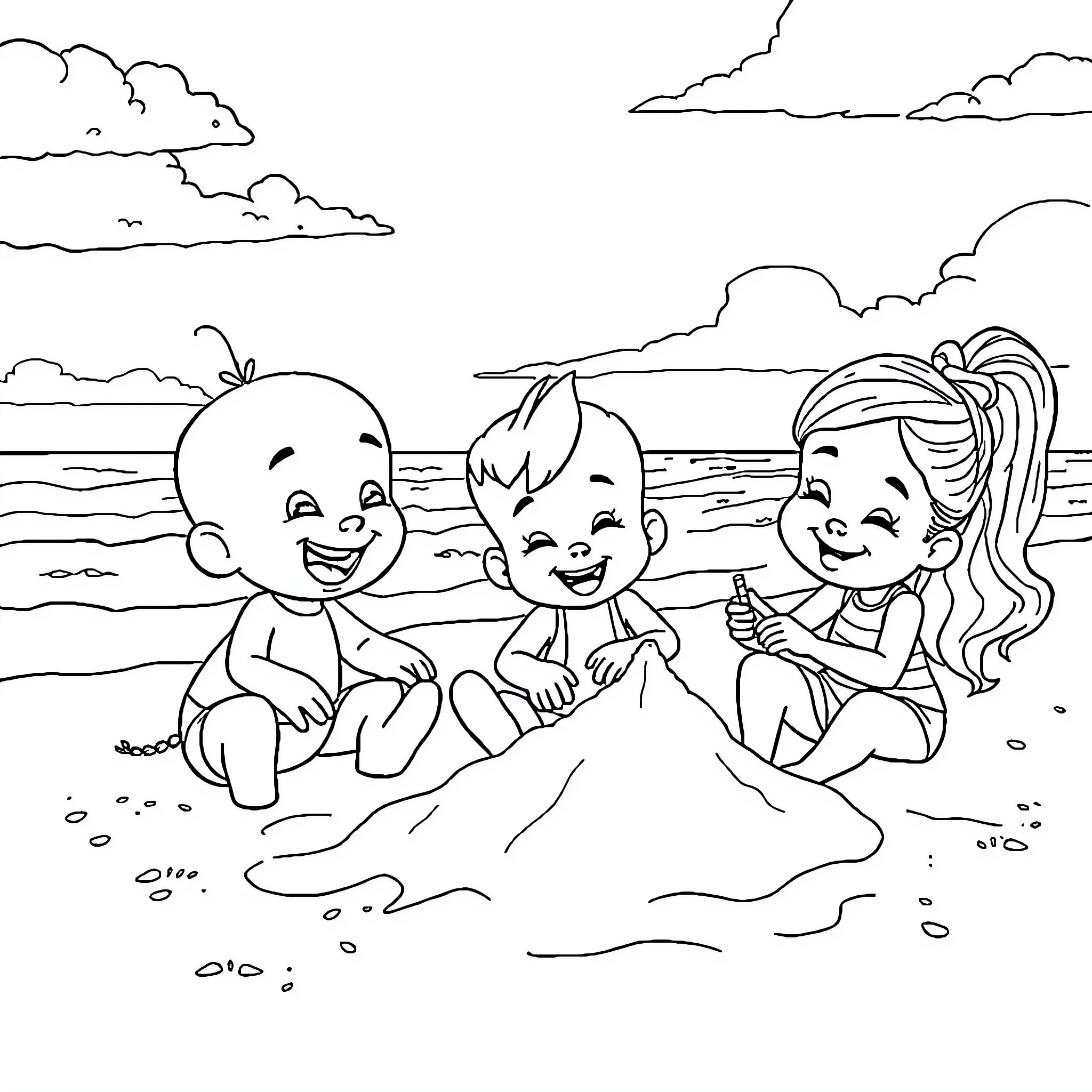Bumba's Fun Day at the Beach Coloring Page (free black-and-white line drawing printable PDF for all, from beginners to advanced learners, including children, teens, adults, and seniors)