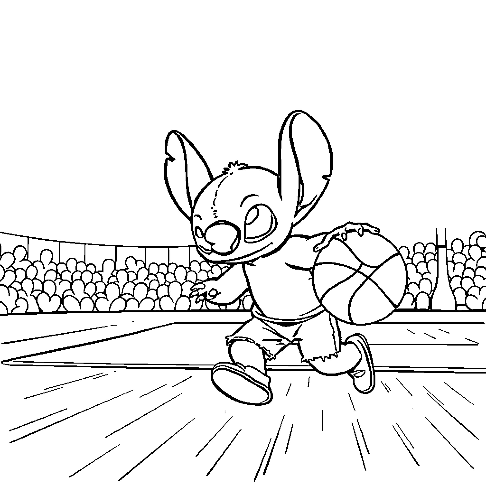 Stitch playing basketball enthusiastically Coloring Page (free black-and-white line drawing printable PDF for all, from beginners to advanced learners, including children, teens, adults, and seniors)
