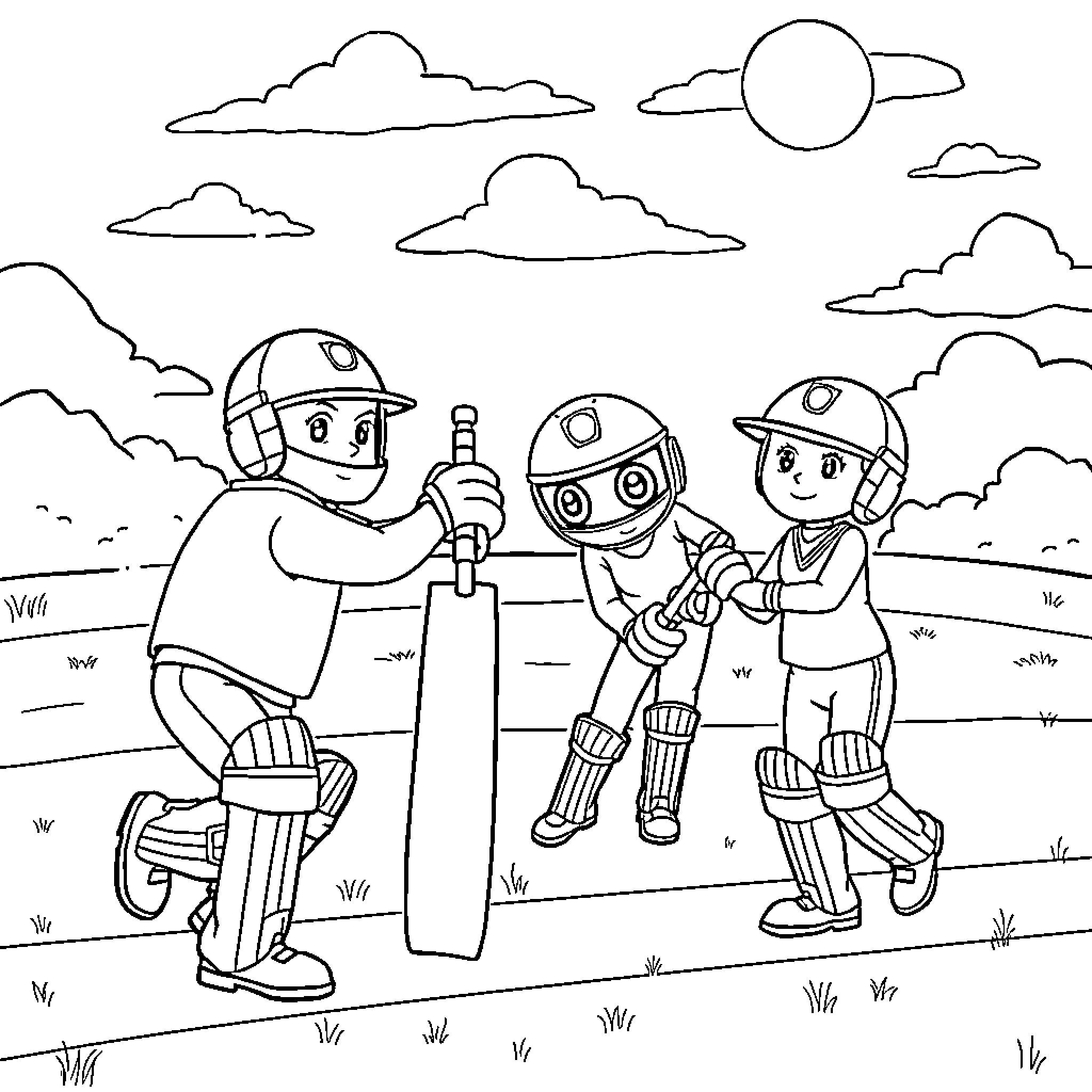 Go Jetters playing cricket in the park Coloring Page (free black-and-white line drawing printable PDF for all, from beginners to advanced learners, including children, teens, adults, and seniors)