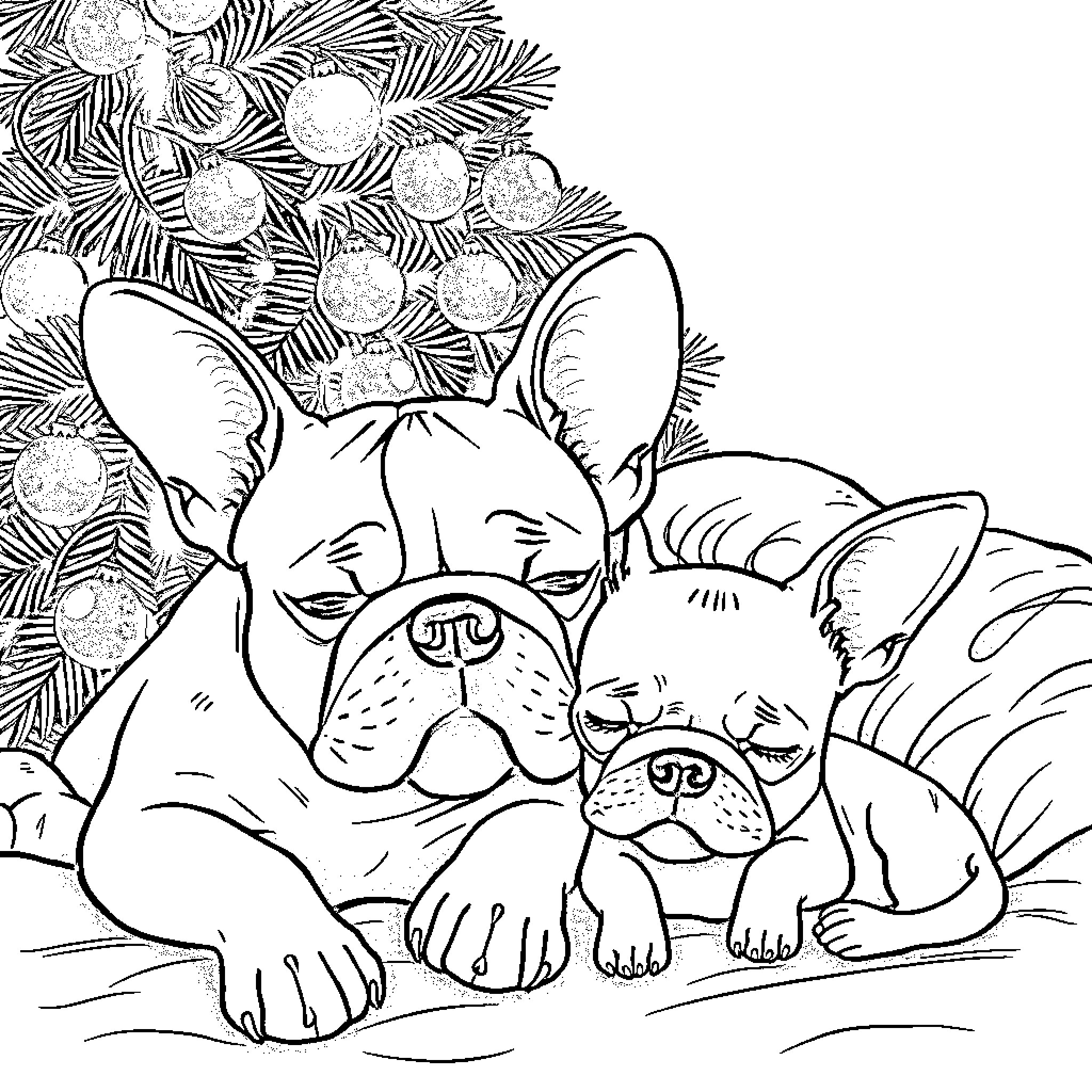 Dog buddies resting under tropical foliage Coloring Page (free black-and-white line drawing printable PDF for all, from beginners to advanced learners, including children, teens, adults, and seniors)