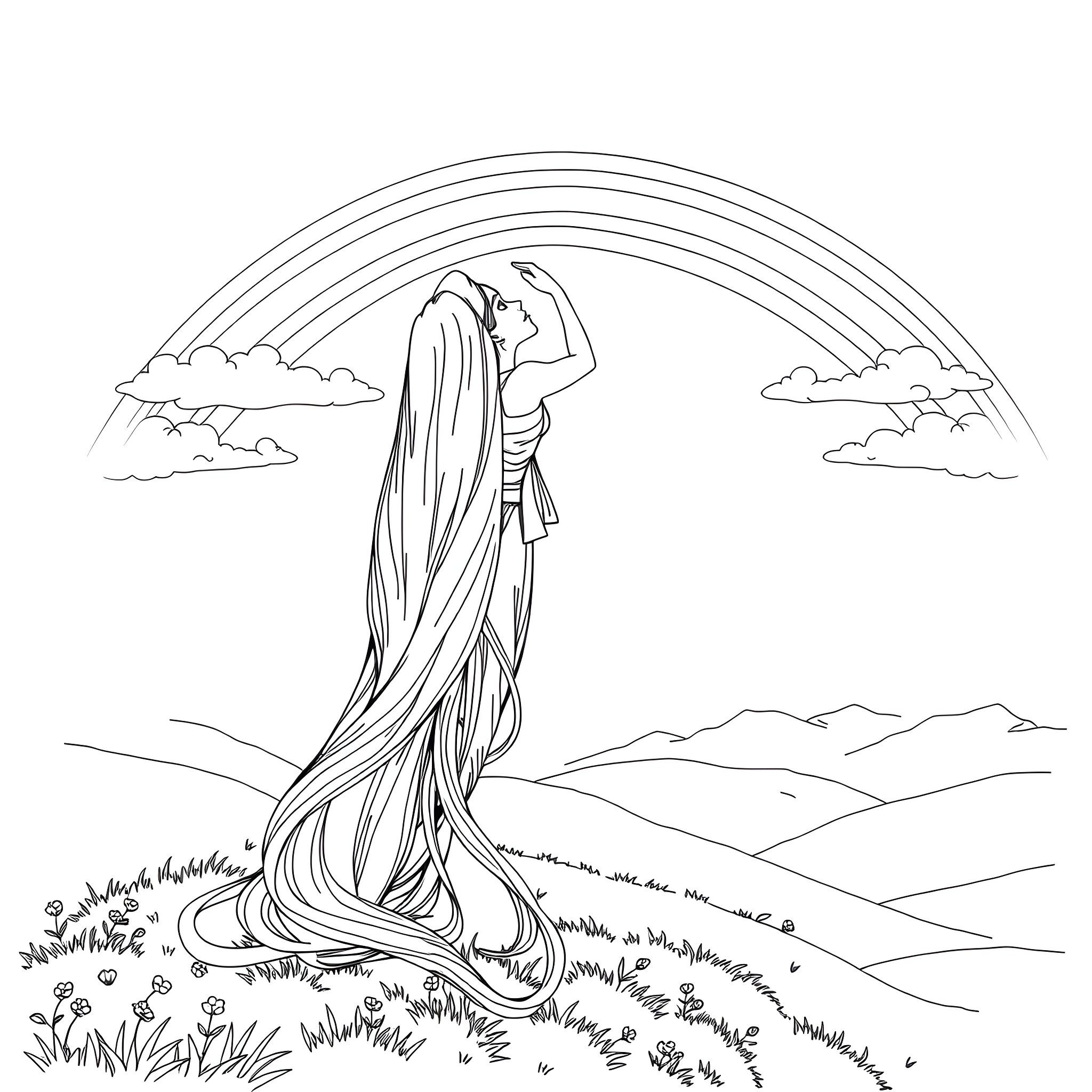 Rapunzel's Enchanting Journey in the Enchanted Meadow Coloring Page (free black-and-white line drawing printable PDF for all, from beginners to advanced learners, including children, teens, adults, and seniors)