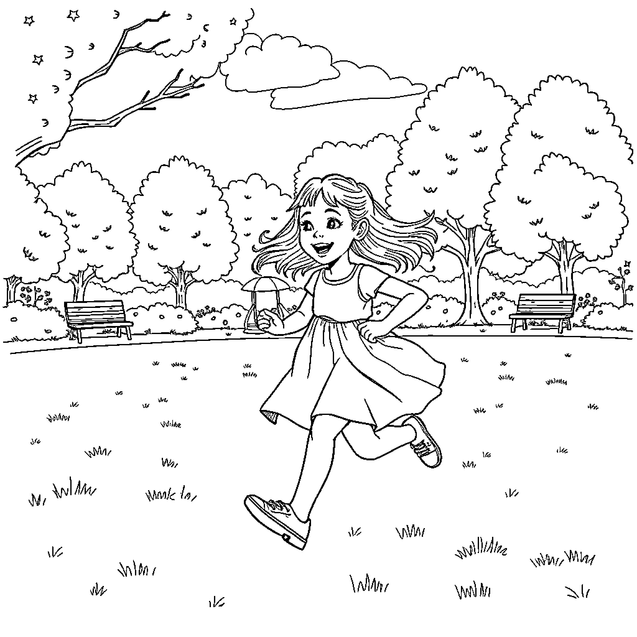 Girl joyfully skipping in a park Coloring Page (free black-and-white line drawing printable PDF for all, from beginners to advanced learners, including children, teens, adults, and seniors)