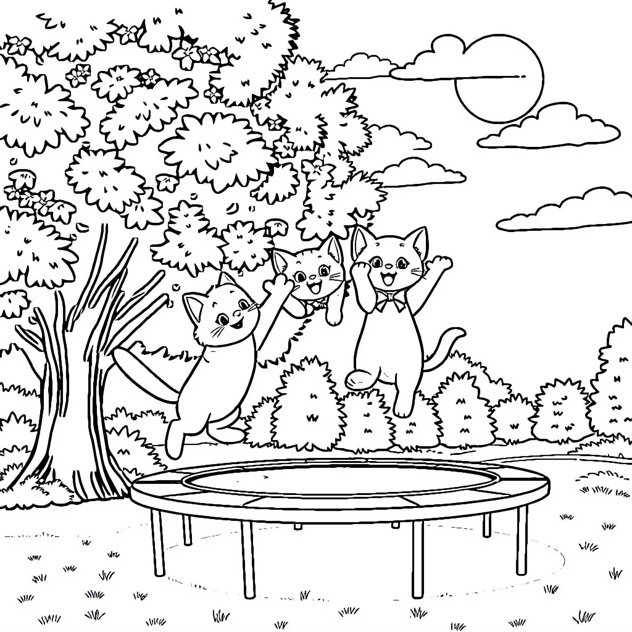 Kitty friends exploring a cheerful outdoor scene Coloring Page (free black-and-white line drawing printable PDF for all, from beginners to advanced learners, including children, teens, adults, and seniors)