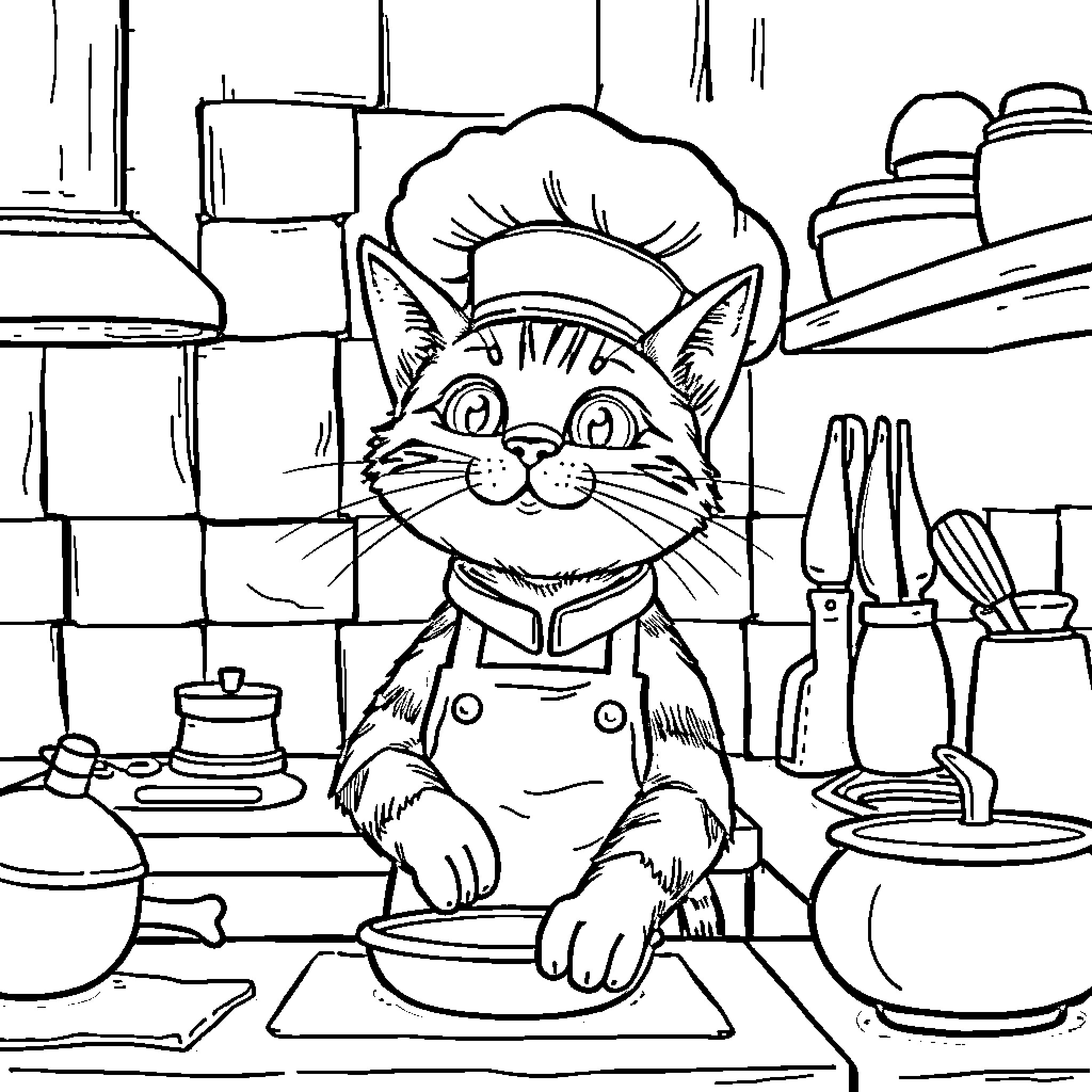 Cat chef in a kitchen setting Coloring Page (free black-and-white line drawing printable PDF for all, from beginners to advanced learners, including children, teens, adults, and seniors)