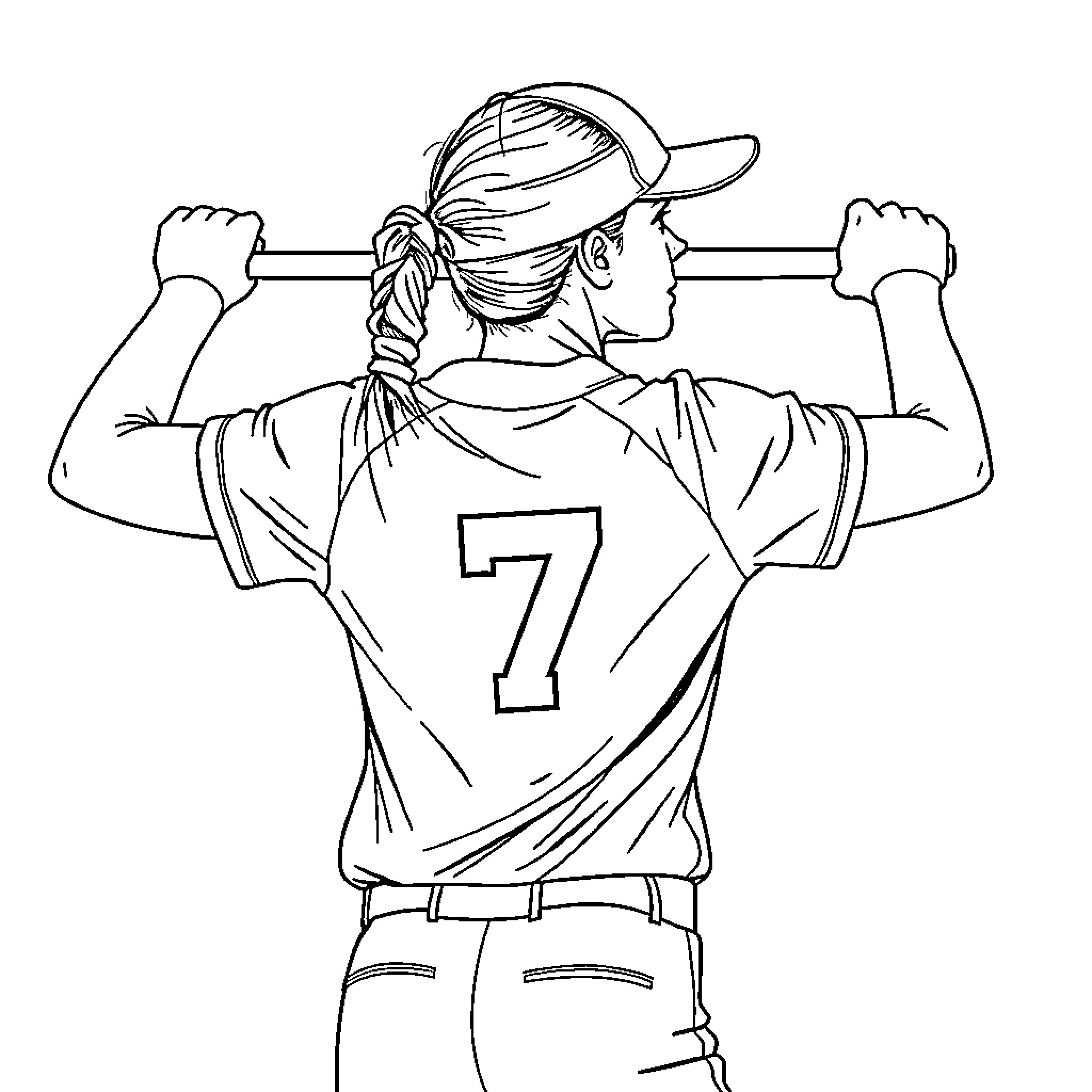 Softball Player Celebrating Victory Coloring Page (free black-and-white line drawing printable PDF for all, from beginners to advanced learners, including children, teens, adults, and seniors)