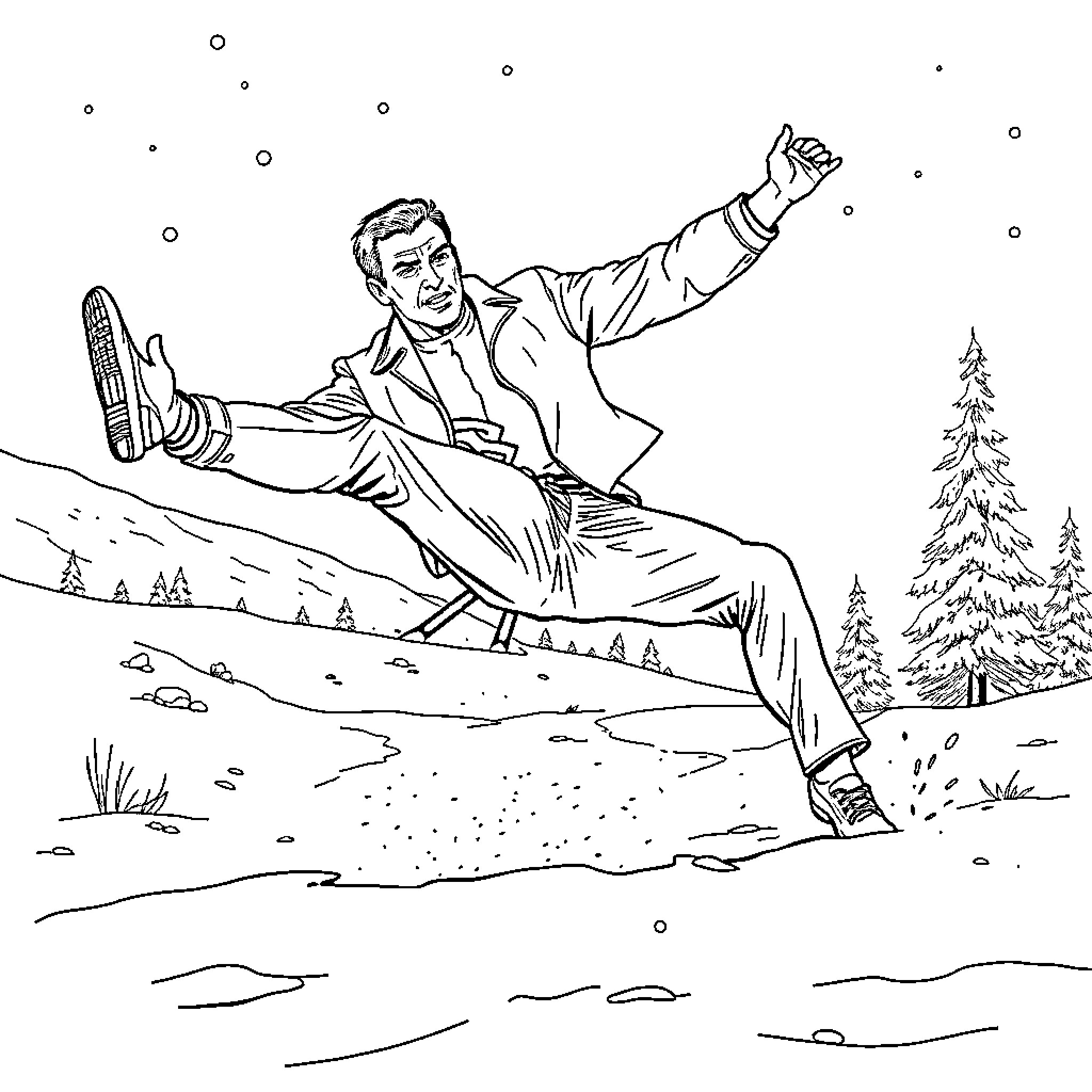 Jean-Claude Van Damme performing action stunt in outdoor setting Coloring Page (free black-and-white line drawing printable PDF for all, from beginners to advanced learners, including children, teens, adults, and seniors)