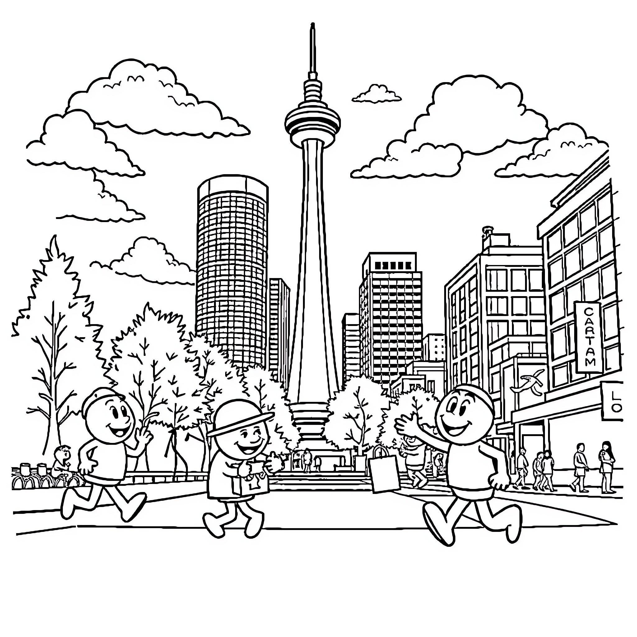 Mr. Men exploring a bustling city skyline Coloring Page (free black-and-white line drawing printable PDF for all, from beginners to advanced learners, including children, teens, adults, and seniors)