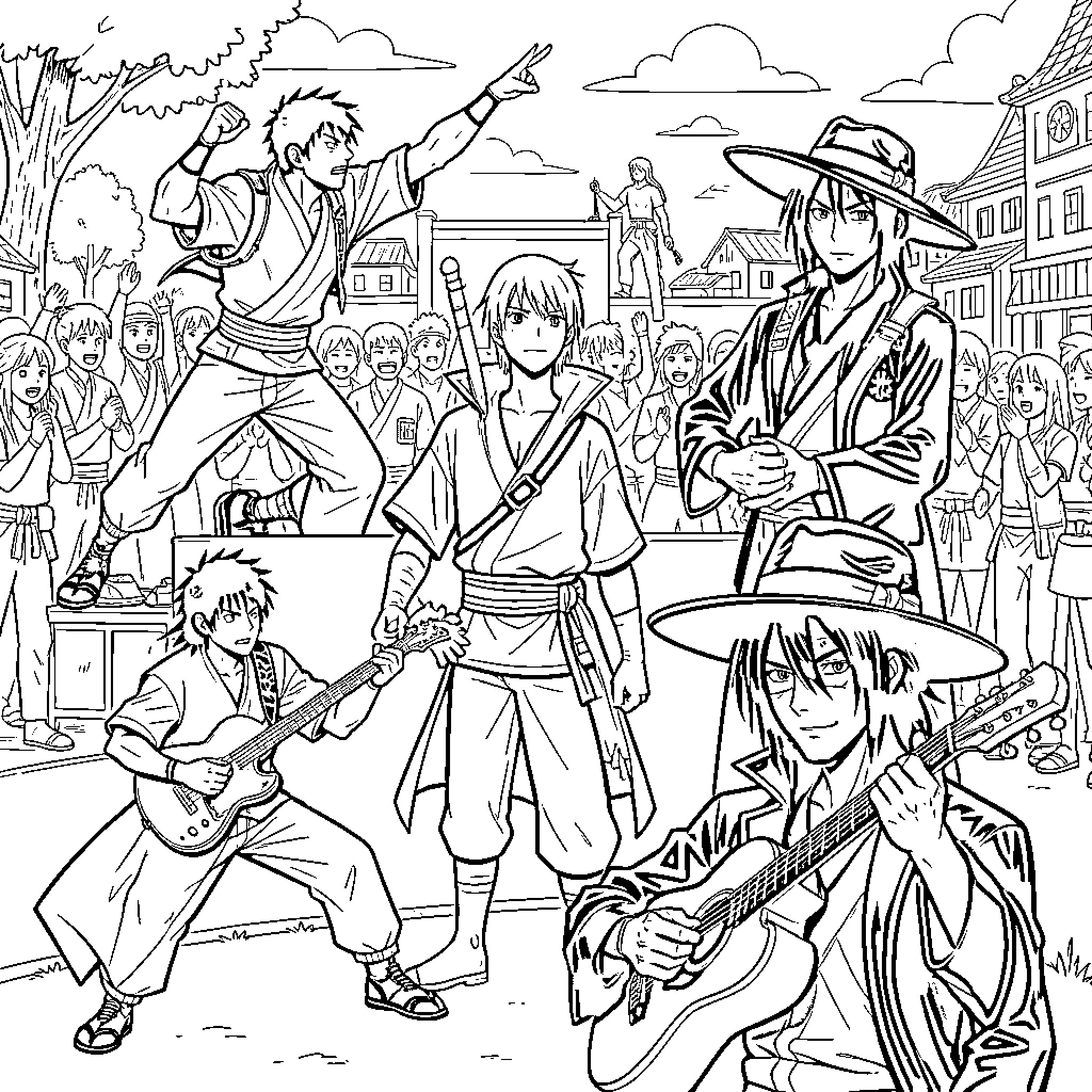 Characters posing together in a lively village setting Coloring Page (free black-and-white line drawing printable PDF for all, from beginners to advanced learners, including children, teens, adults, and seniors)