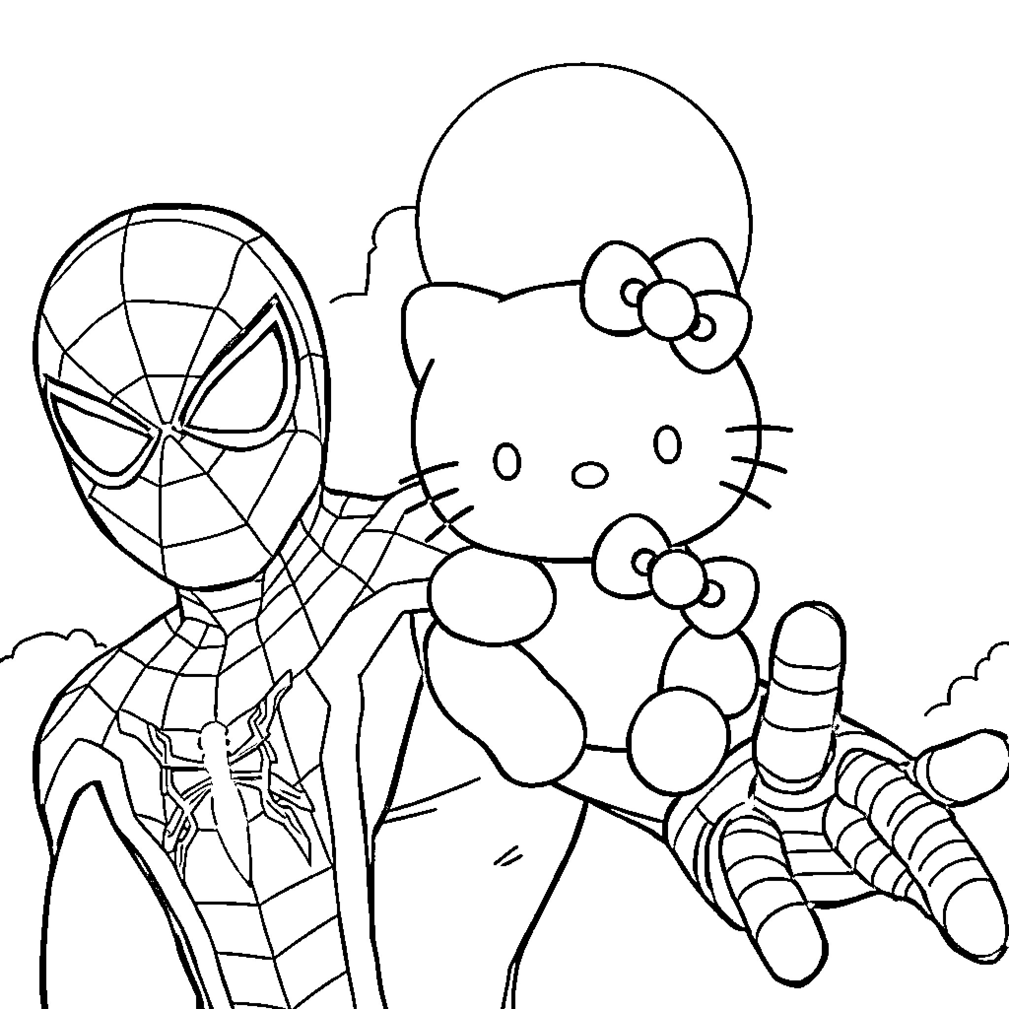 Spiderman and Hello Kitty enjoying a playful adventure Coloring Page (free black-and-white line drawing printable PDF for all, from beginners to advanced learners, including children, teens, adults, and seniors)