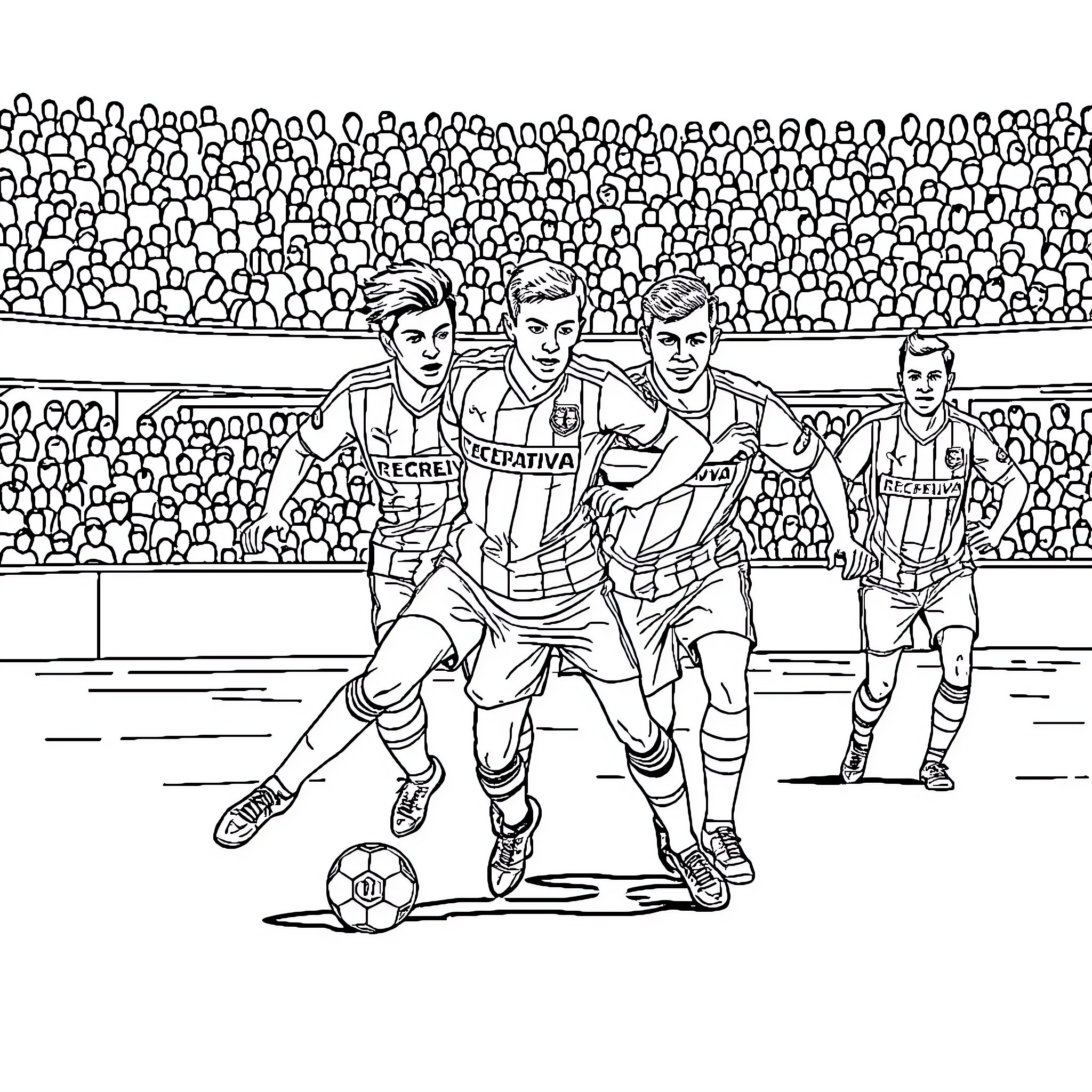 Huelva football players in action on the field Coloring Page (free black-and-white line drawing printable PDF for all, from beginners to advanced learners, including children, teens, adults, and seniors)