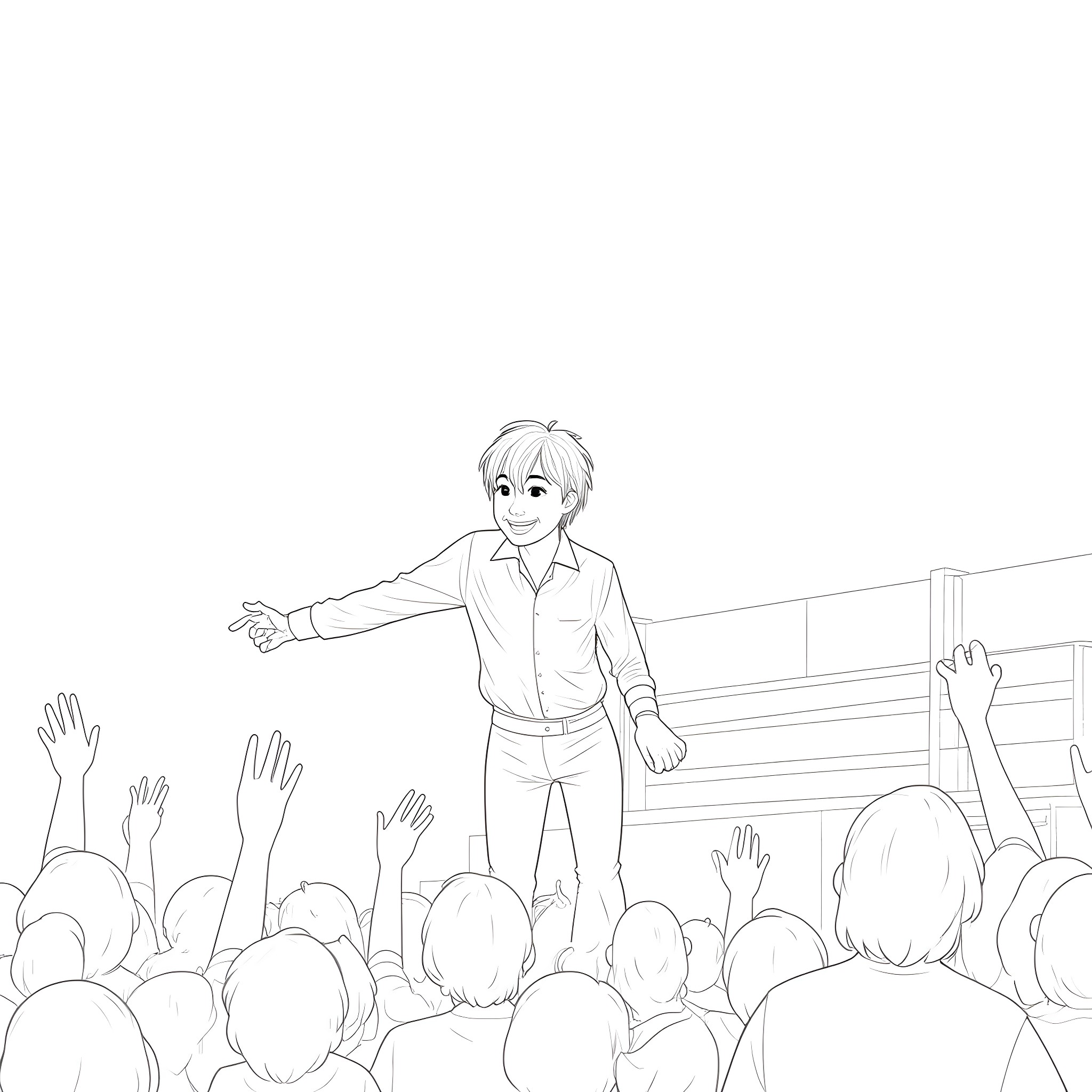 BTS member performing on stage with crowd Coloring Page (free black-and-white line drawing printable PDF for all, from beginners to advanced learners, including children, teens, adults, and seniors)