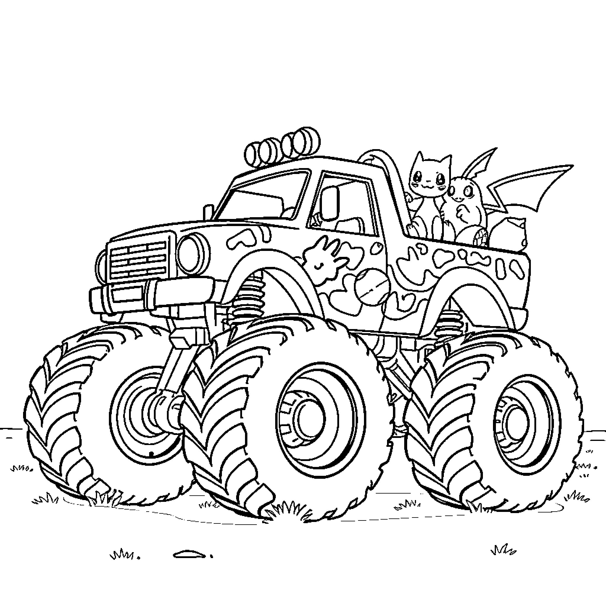 Pokémon Monster Truck Adventure Coloring Page (free black-and-white line drawing printable PDF for all, from beginners to advanced learners, including children, teens, adults, and seniors)