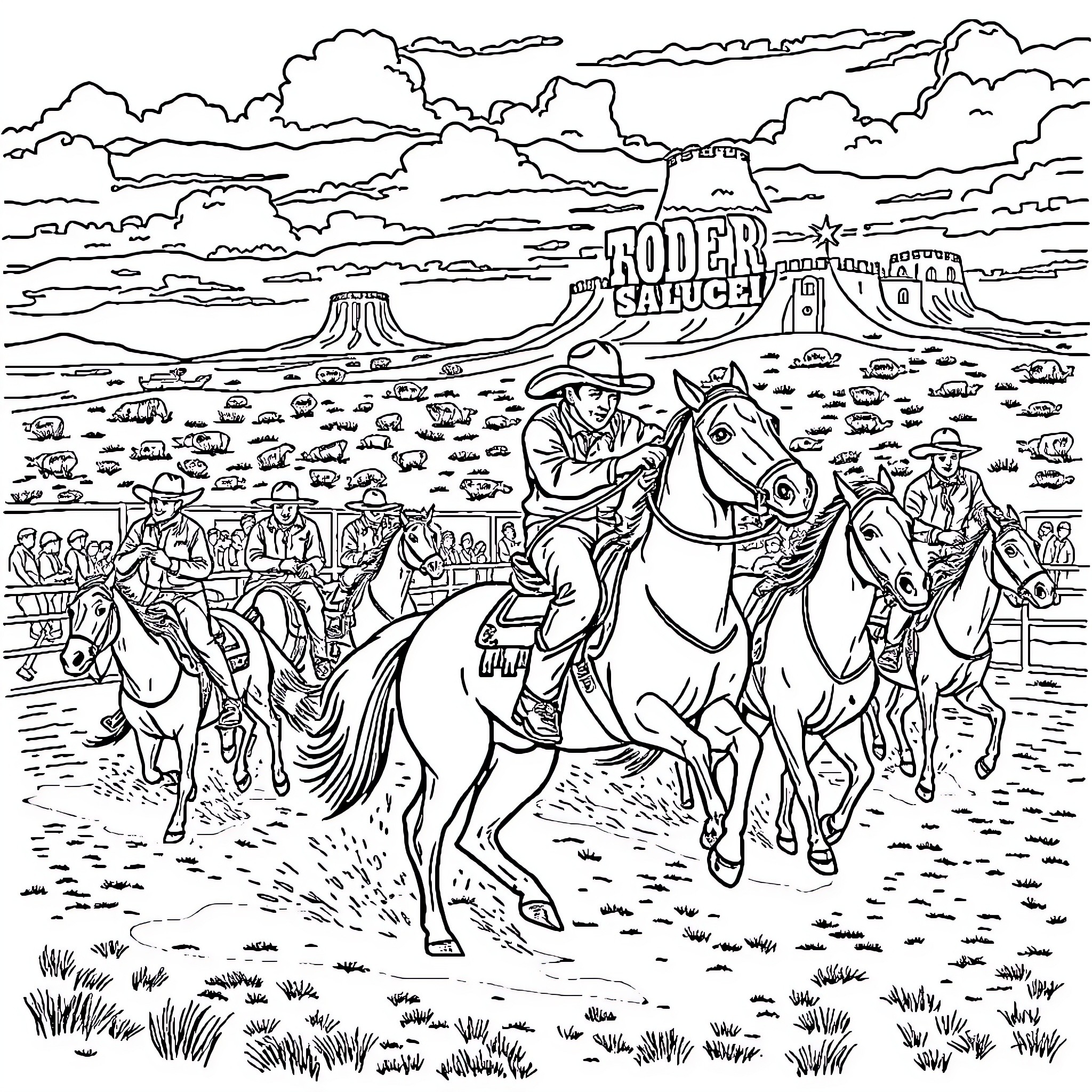 Rodeo riders showcasing skills in desert landscape Coloring Page (free black-and-white line drawing printable PDF for all, from beginners to advanced learners, including children, teens, adults, and seniors)