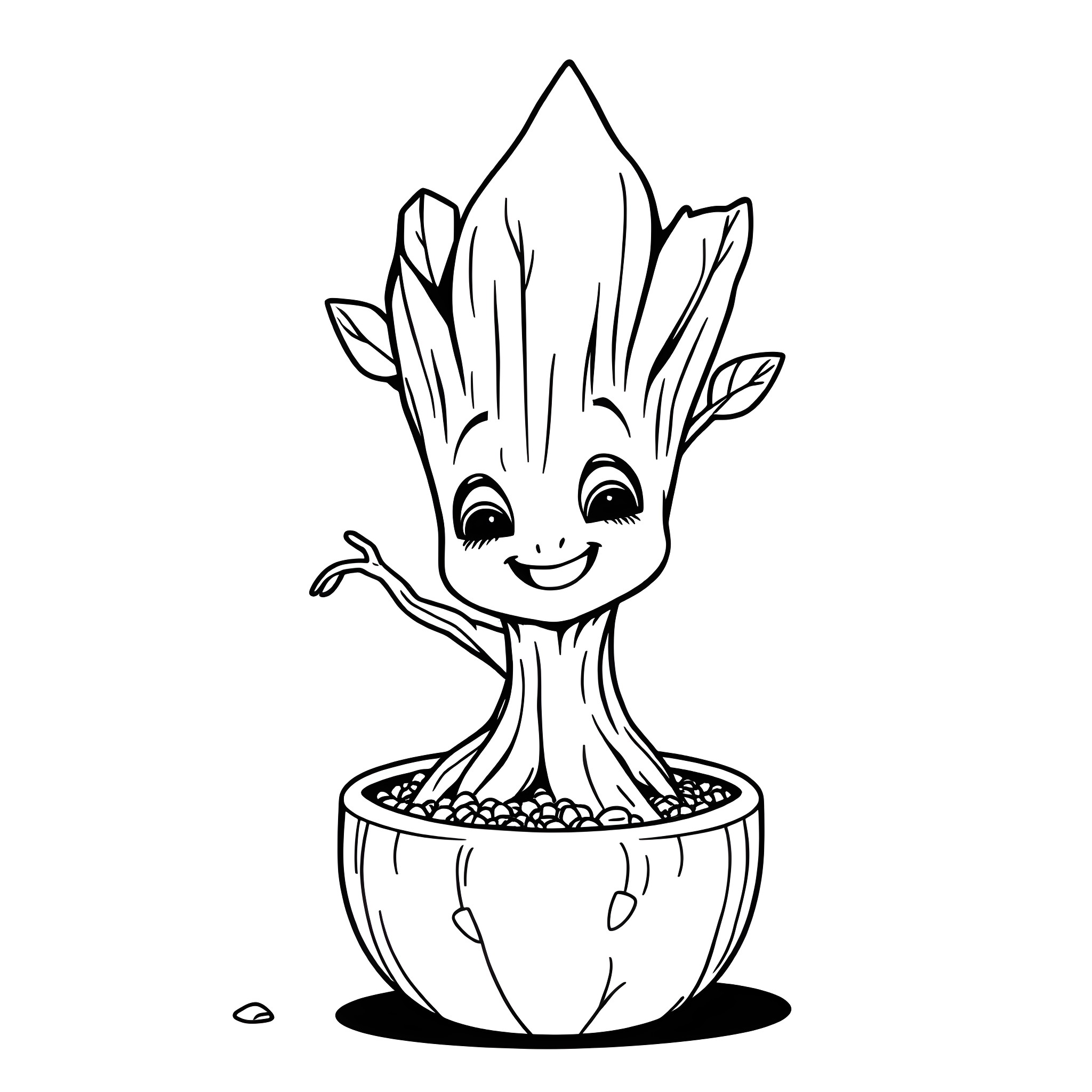 Groot happily growing in a pot Coloring Page (free black-and-white line drawing printable PDF for all, from beginners to advanced learners, including children, teens, adults, and seniors)
