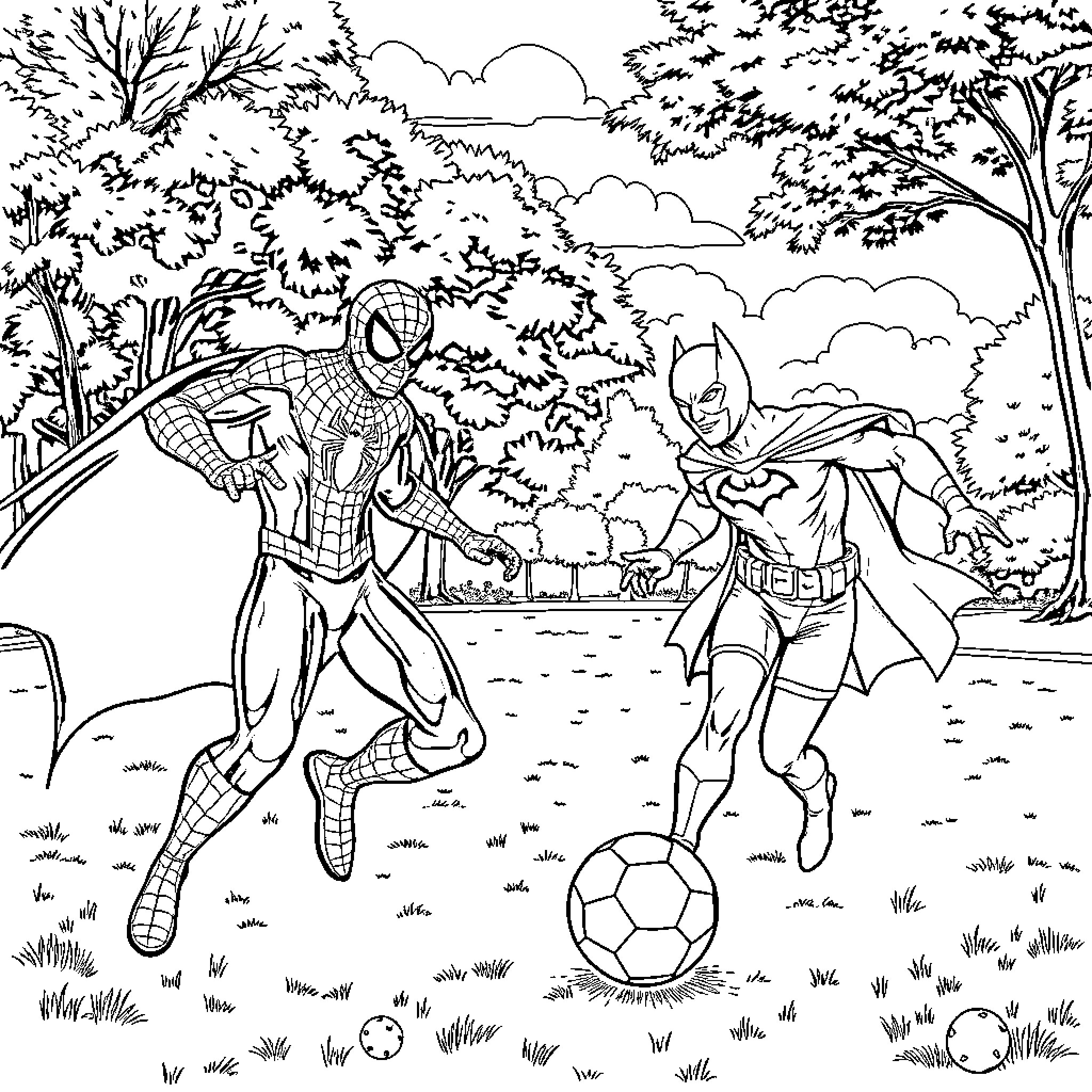 Spider-Man and Batman playing soccer in the park Coloring Page (free black-and-white line drawing printable PDF for all, from beginners to advanced learners, including children, teens, adults, and seniors)