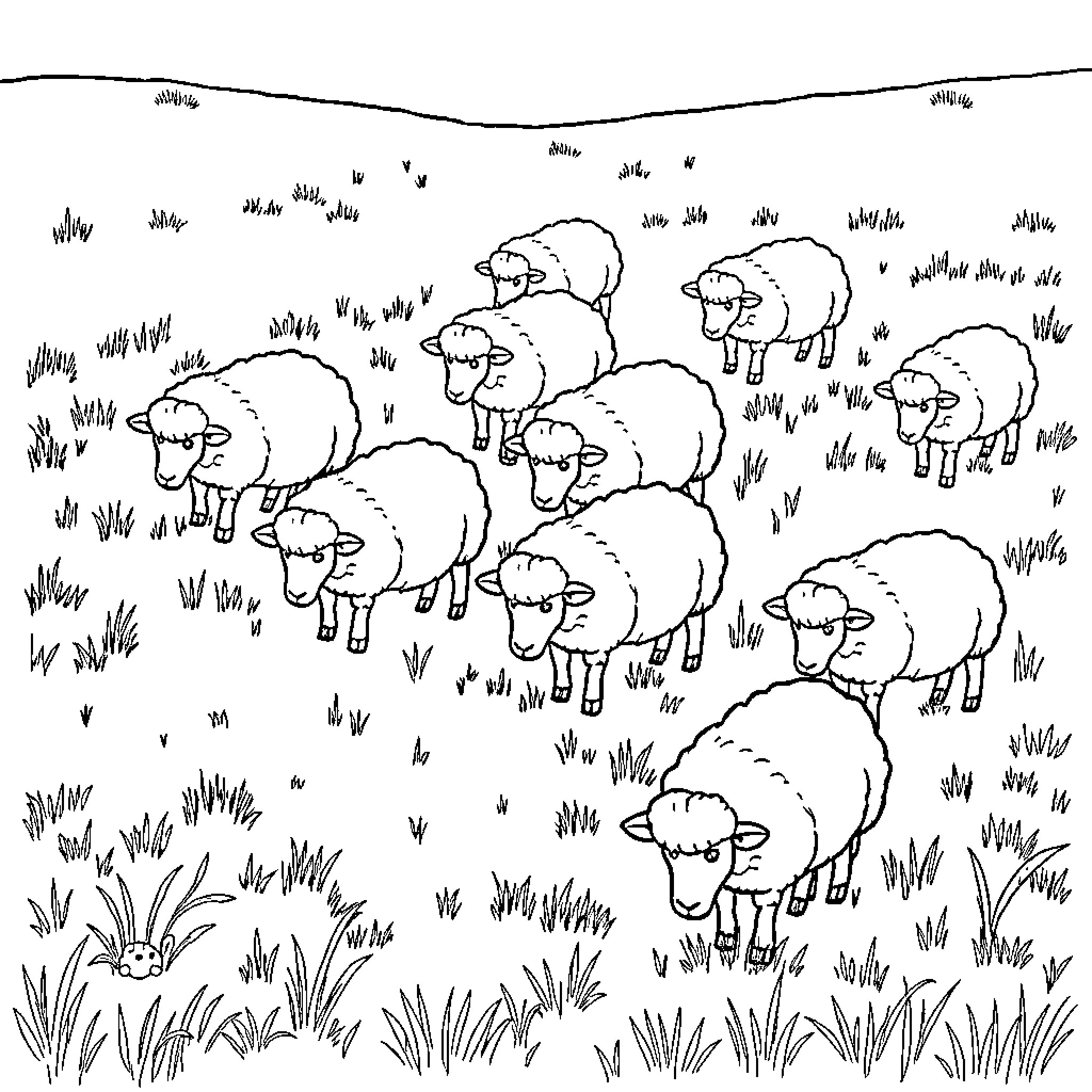 Sheep grazing peacefully in the field Coloring Page (free black-and-white line drawing printable PDF for all, from beginners to advanced learners, including children, teens, adults, and seniors)