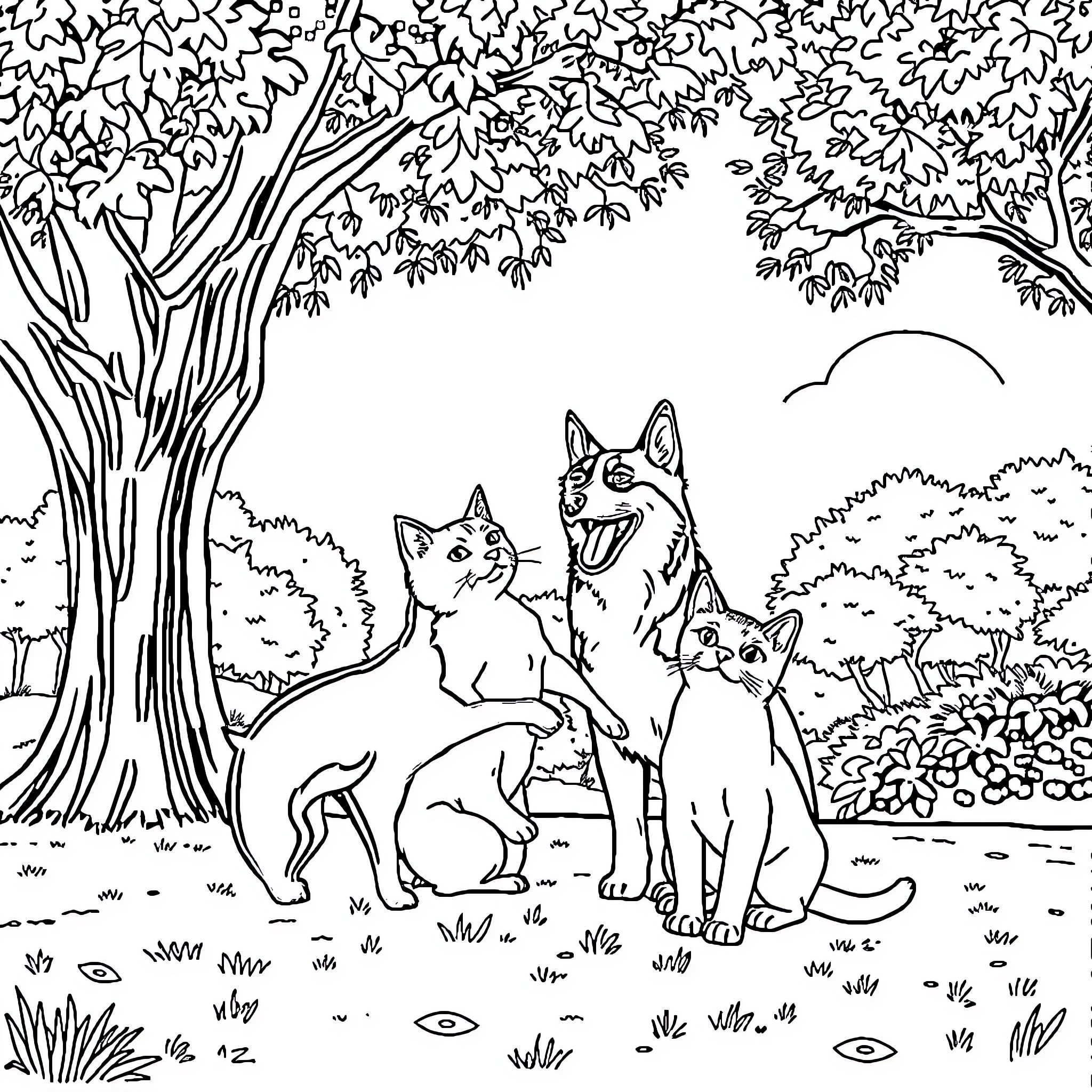 Cats playing in the forest Coloring Page (free black-and-white line drawing printable PDF for all, from beginners to advanced learners, including children, teens, adults, and seniors)