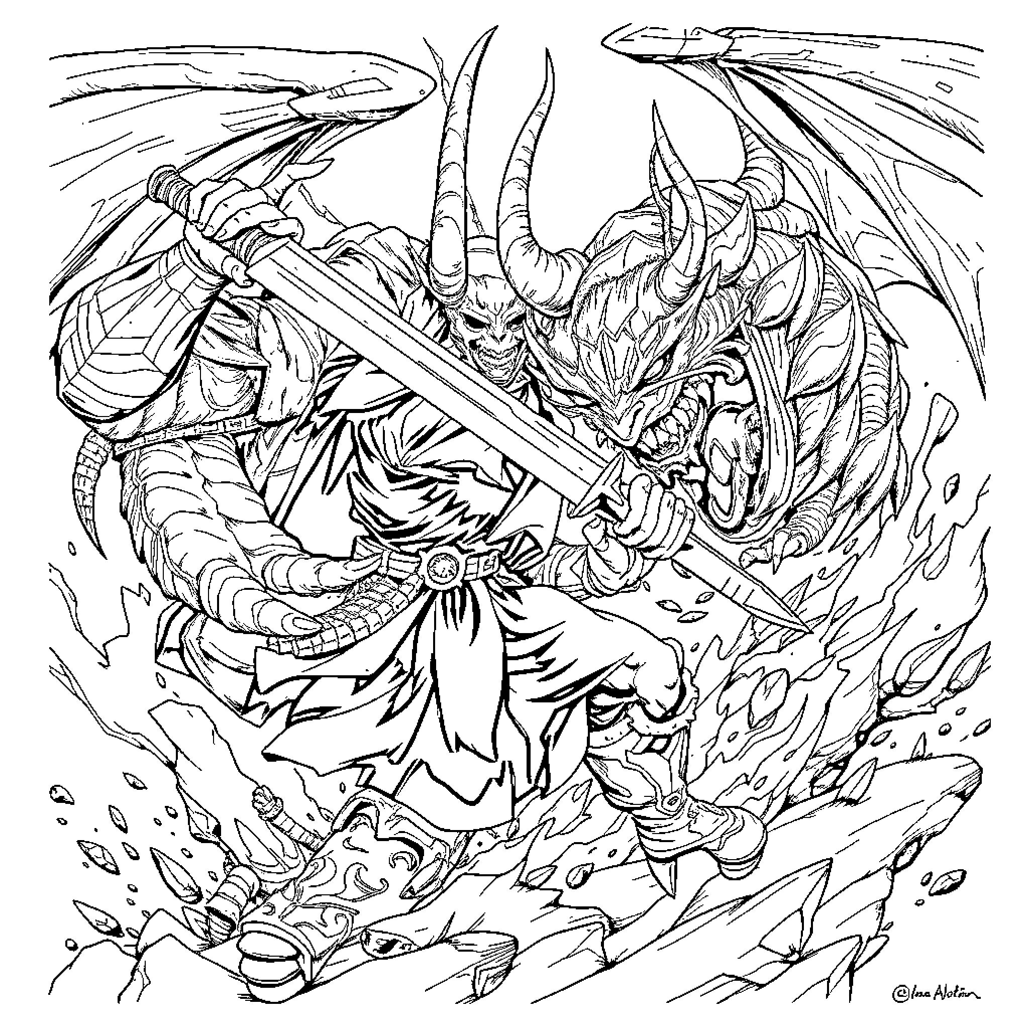 Berserk warrior wielding a massive sword against a demon Coloring Page (free black-and-white line drawing printable PDF for all, from beginners to advanced learners, including children, teens, adults, and seniors)