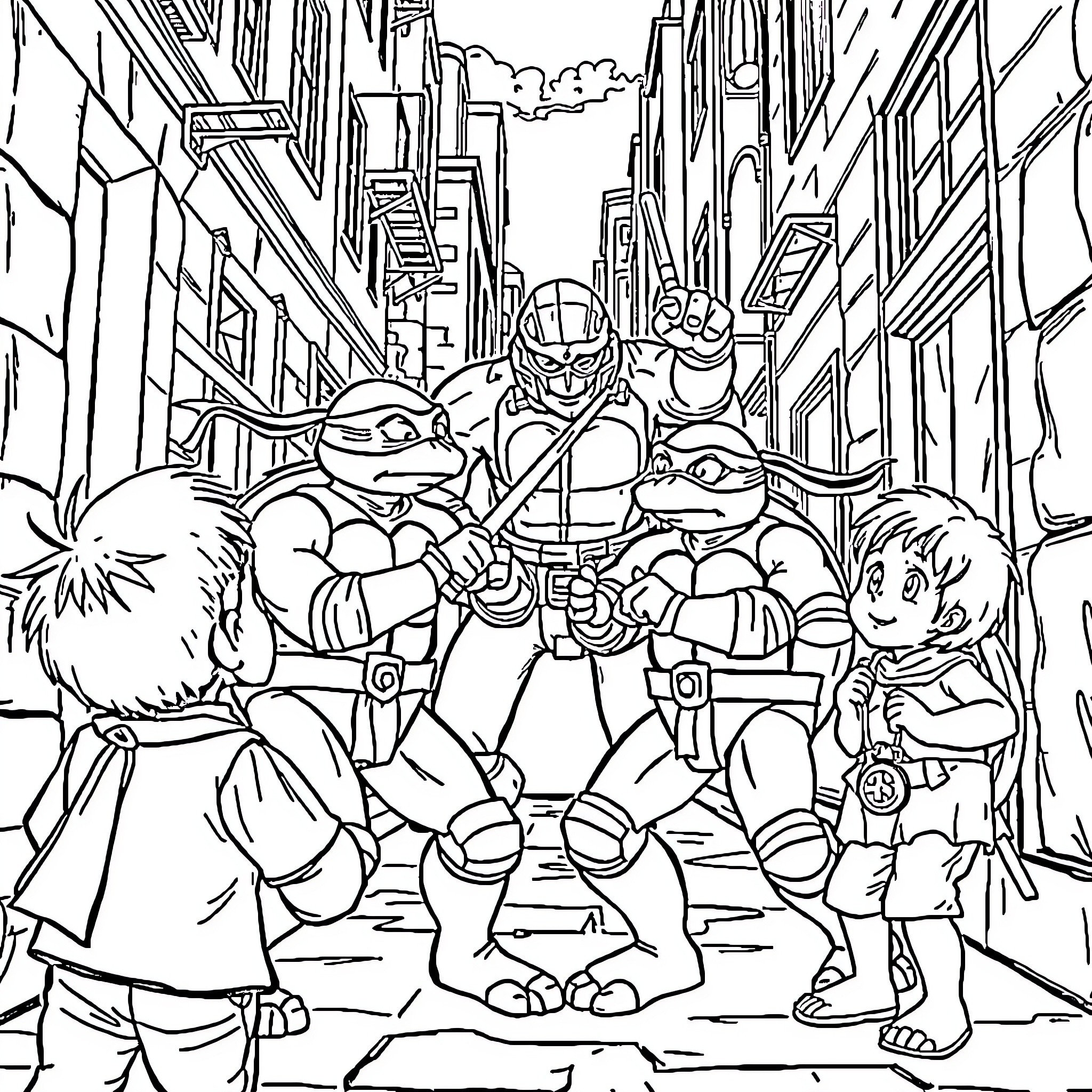 Ninja Turtle heroes rescuing citizens in the city Coloring Page (free black-and-white line drawing printable PDF for all, from beginners to advanced learners, including children, teens, adults, and seniors)