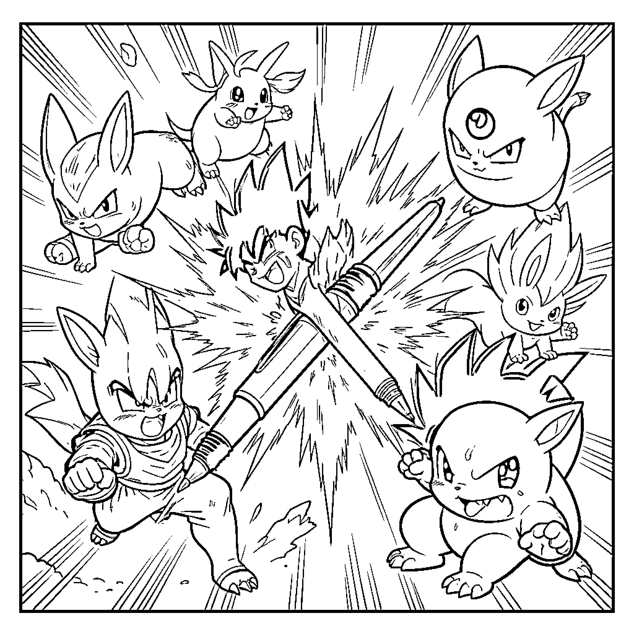 Pokémon characters battling amidst an intense energy explosion Coloring Page (free black-and-white line drawing printable PDF for all, from beginners to advanced learners, including children, teens, adults, and seniors)