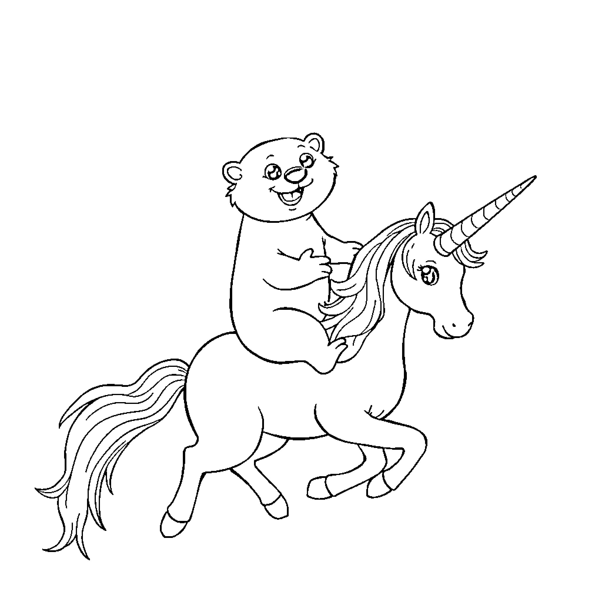 Otter riding a unicorn Coloring Page (free black-and-white line drawing printable PDF for all, from beginners to advanced learners, including children, teens, adults, and seniors)