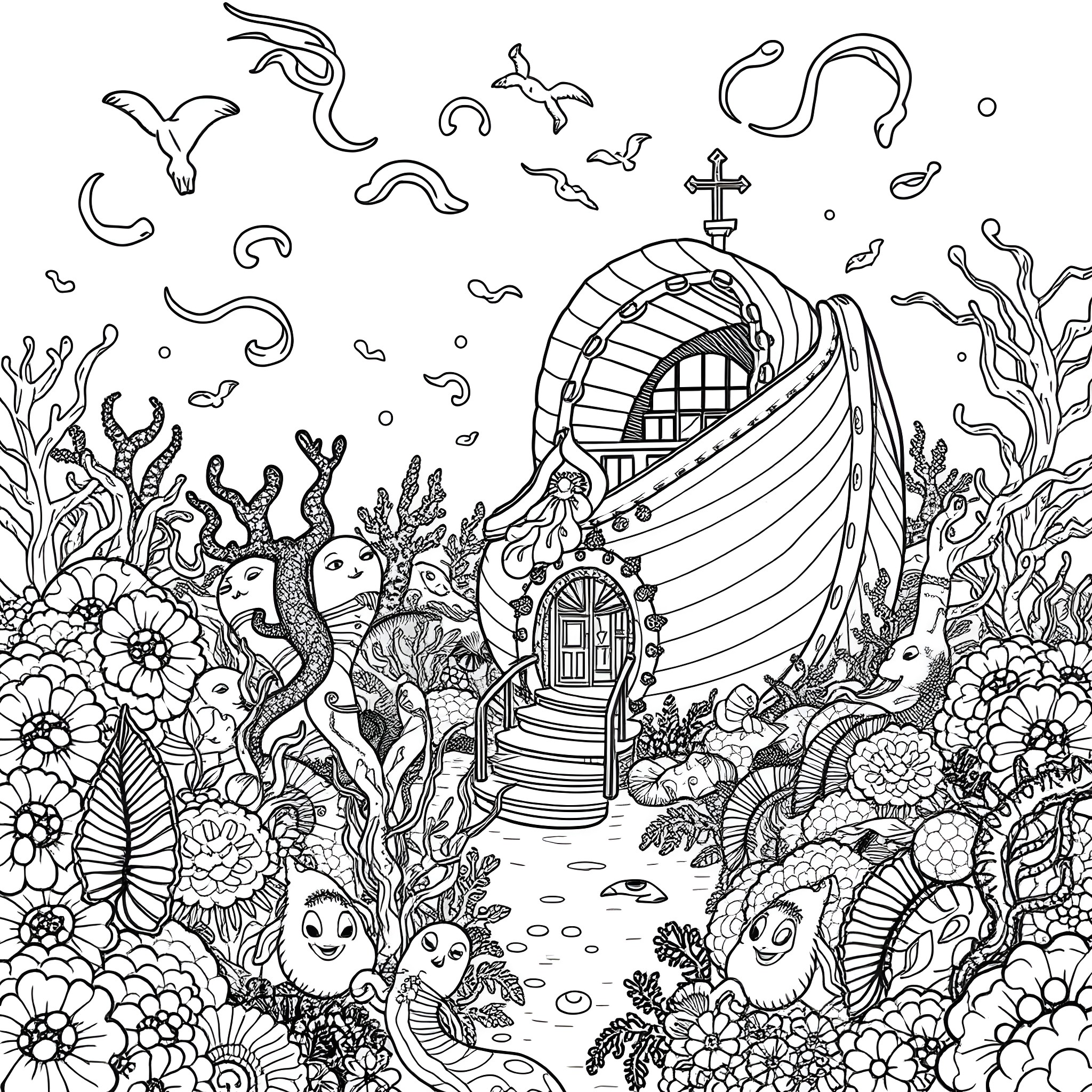 Mermaid's Underwater Enchanted Abode Coloring Page (free black-and-white line drawing printable PDF for all, from beginners to advanced learners, including children, teens, adults, and seniors)