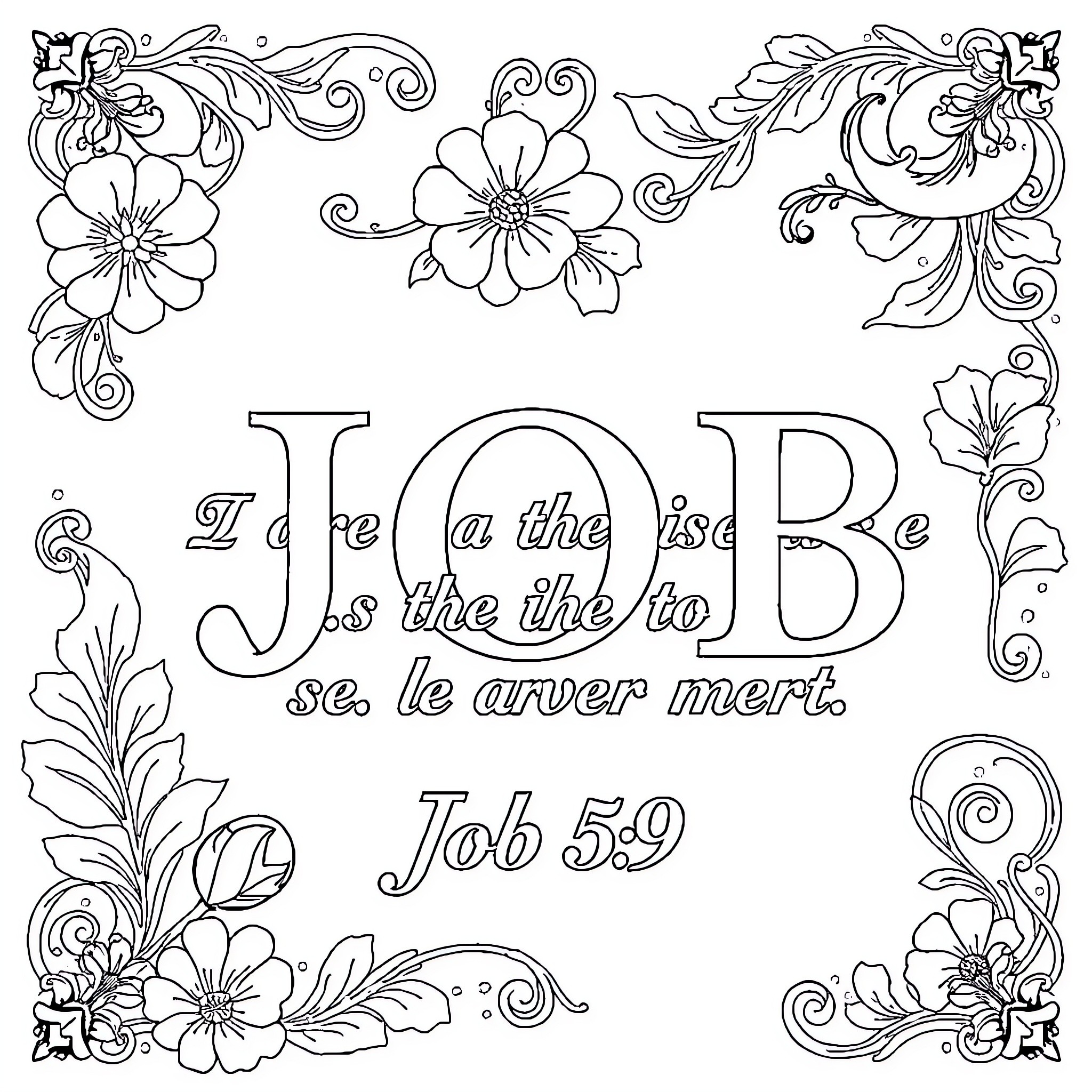 Job with floral decorations and scripture Coloring Page (free black-and-white line drawing printable PDF for all, from beginners to advanced learners, including children, teens, adults, and seniors)