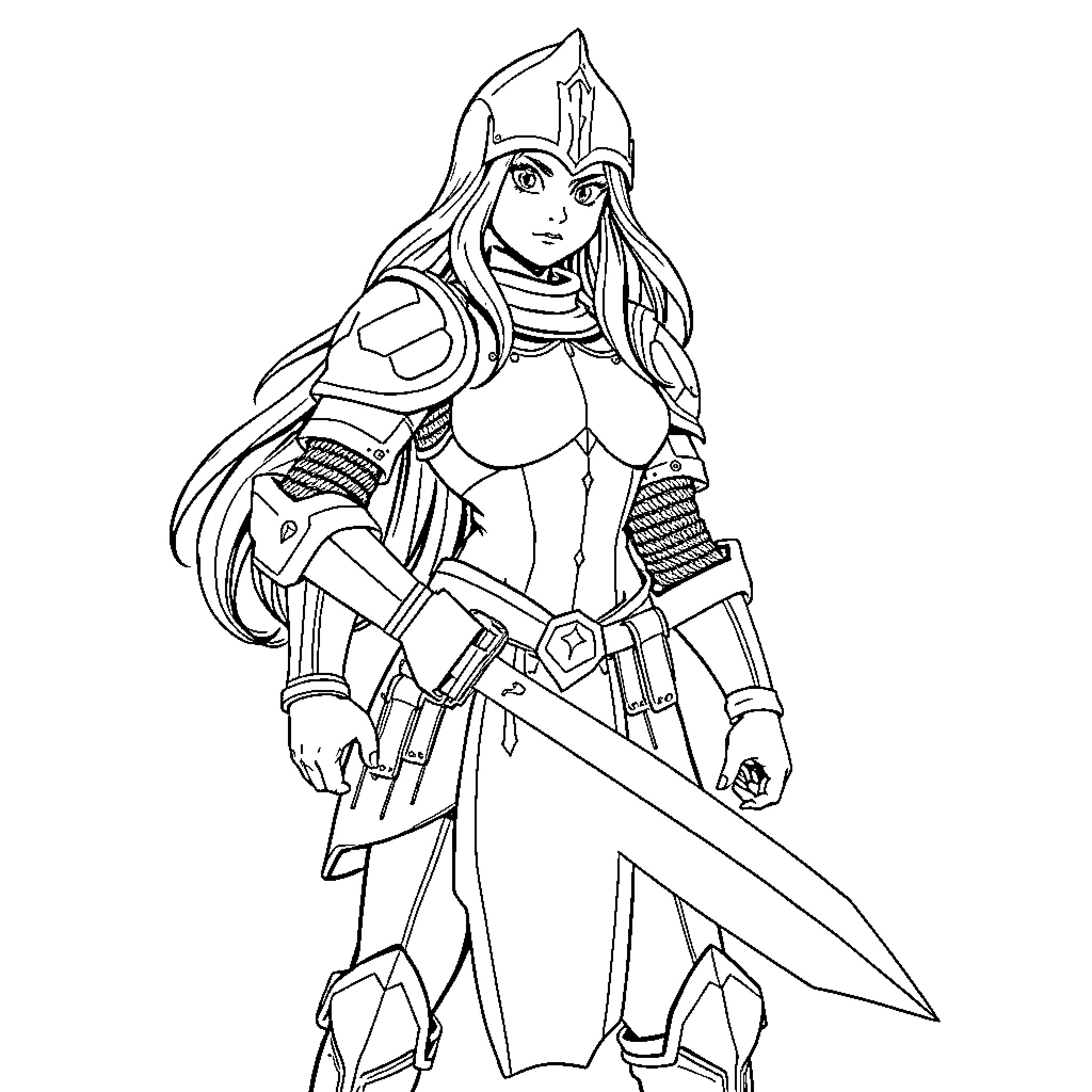 Erza Scarlet wielding a sword in combat gear Coloring Page (free black-and-white line drawing printable PDF for all, from beginners to advanced learners, including children, teens, adults, and seniors)