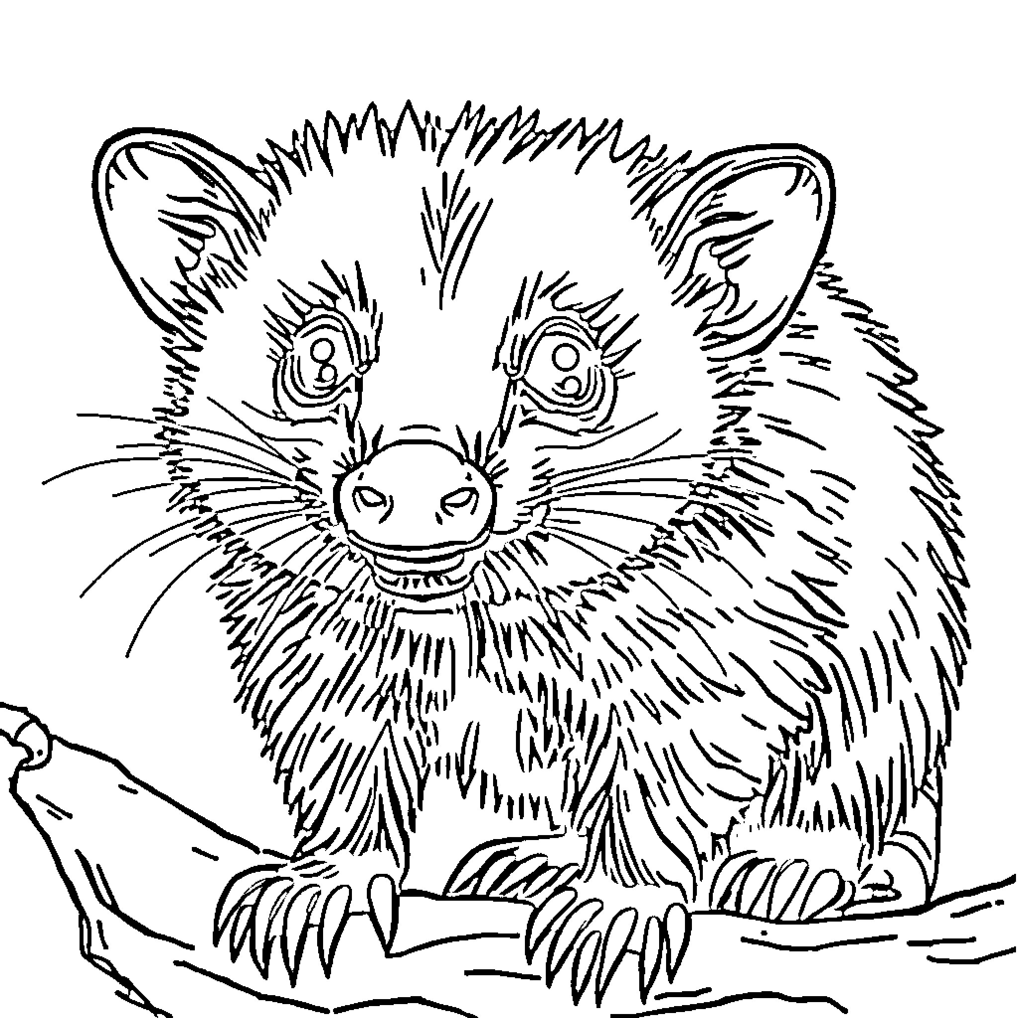 Opossum exploring its surroundings Coloring Page (free black-and-white line drawing printable PDF for all, from beginners to advanced learners, including children, teens, adults, and seniors)